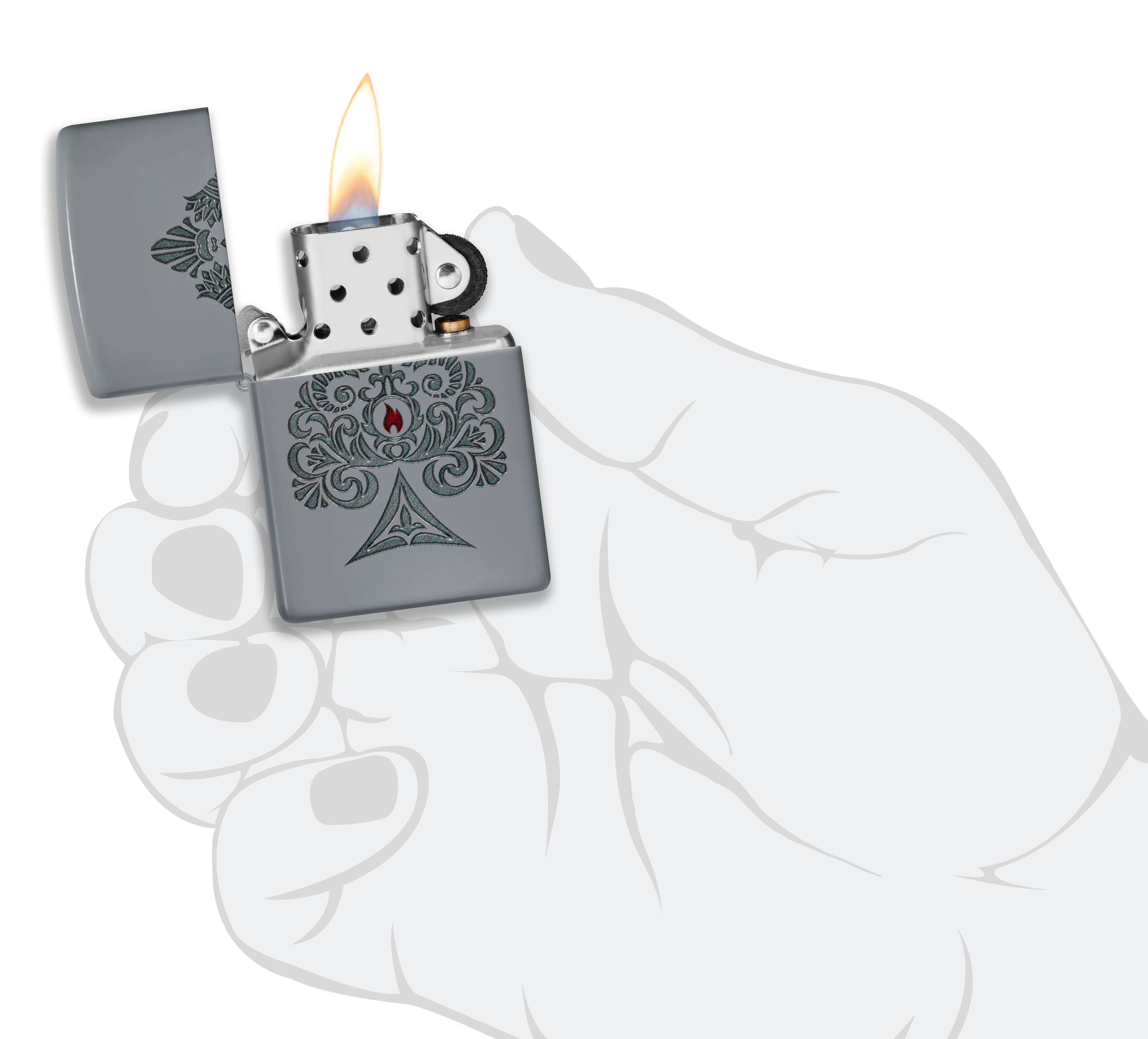 Front shot of Zippo Bejeweled Beetle Design High Polish Brass Windproof Lighter standing at a 3/4 angle.