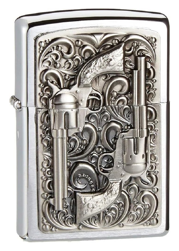 Front shot of Zippo Bejeweled Beetle Design High Polish Brass Windproof Lighter standing at a 3/4 angle.