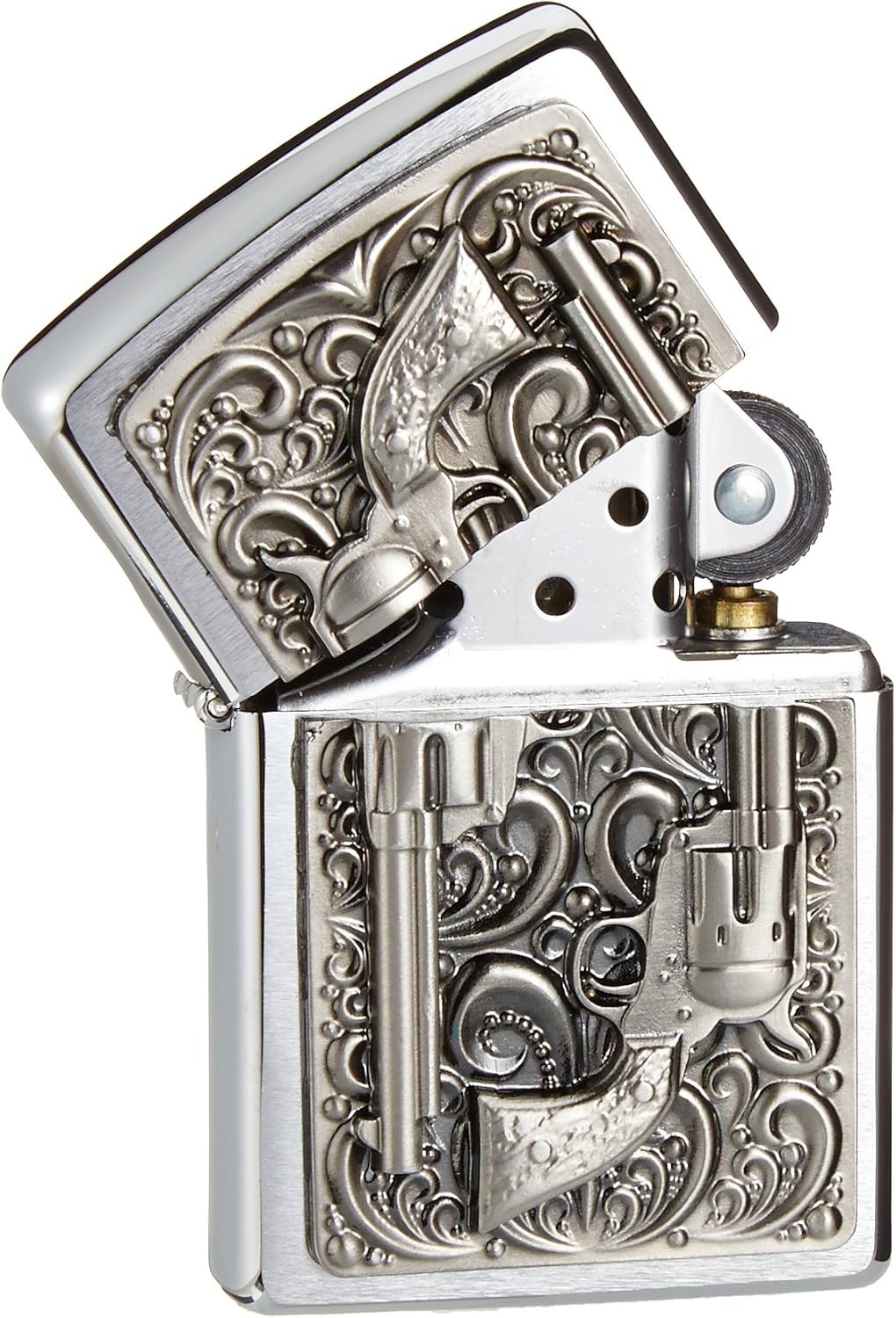 Front shot of Zippo Bejeweled Beetle Design High Polish Brass Windproof Lighter standing at a 3/4 angle.