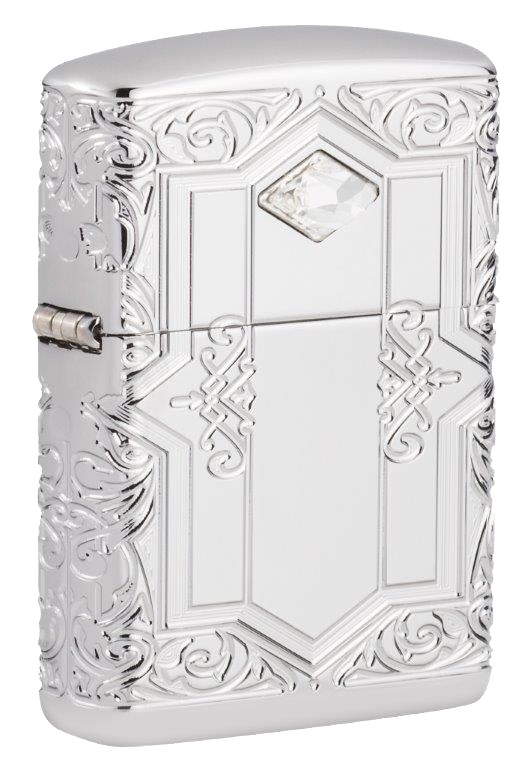 Front shot of Zippo Bejeweled Beetle Design High Polish Brass Windproof Lighter standing at a 3/4 angle.