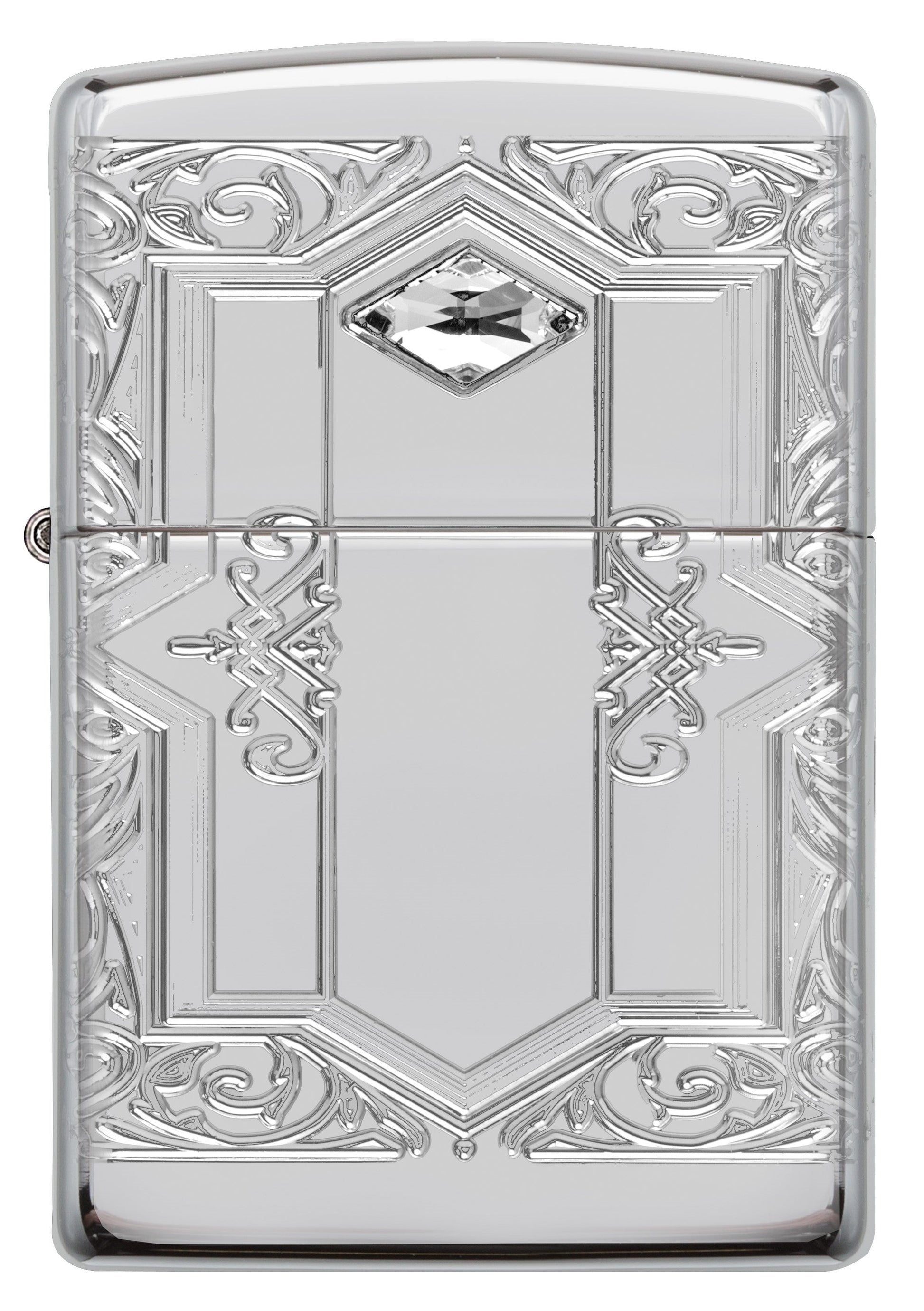 Front shot of Zippo Bejeweled Beetle Design High Polish Brass Windproof Lighter standing at a 3/4 angle.