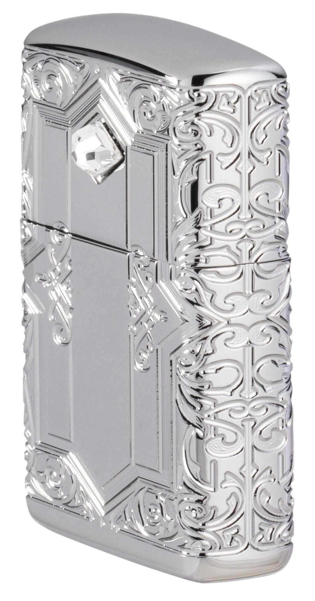 Front shot of Zippo Bejeweled Beetle Design High Polish Brass Windproof Lighter standing at a 3/4 angle.