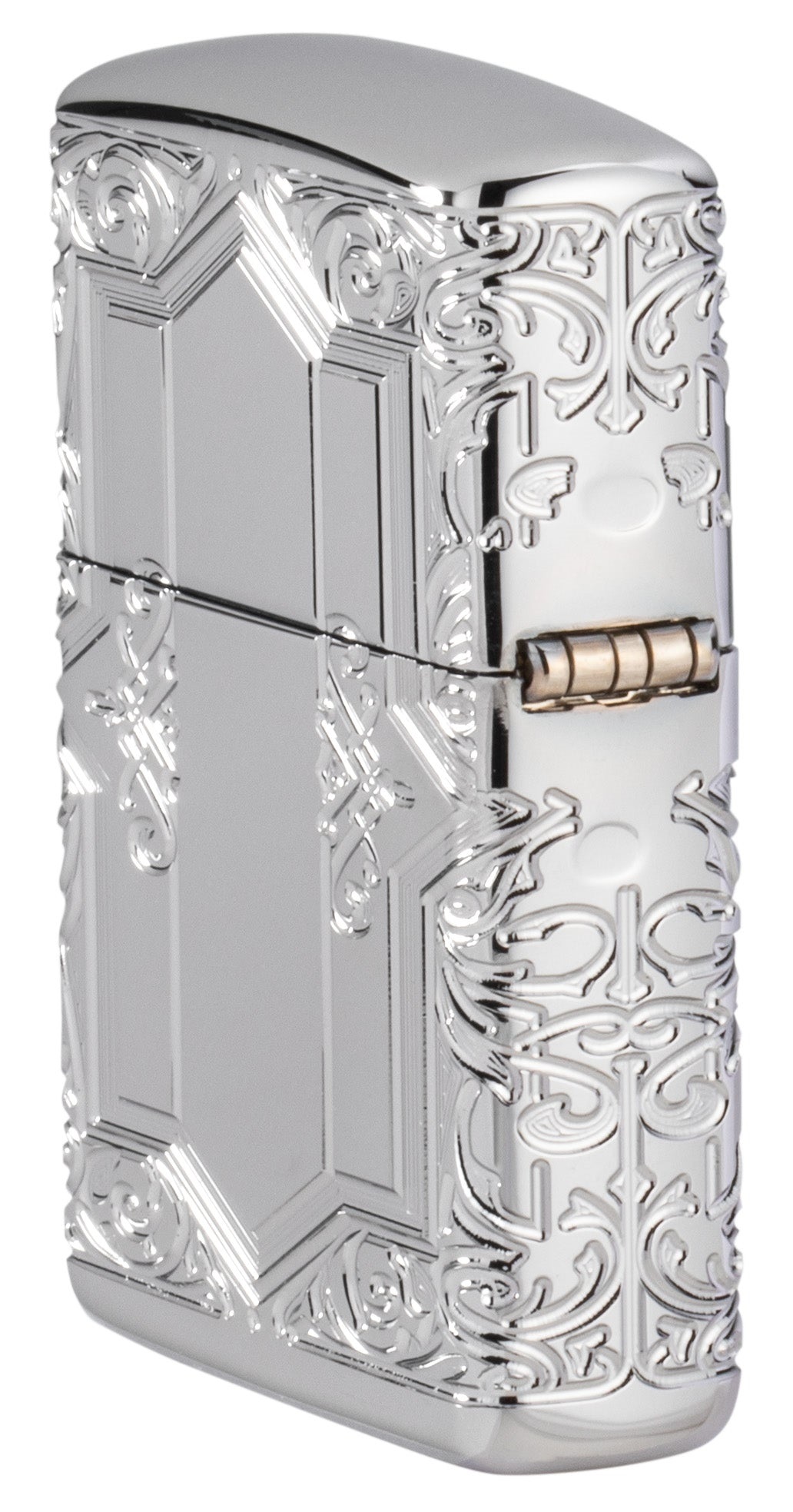 Front shot of Zippo Bejeweled Beetle Design High Polish Brass Windproof Lighter standing at a 3/4 angle.