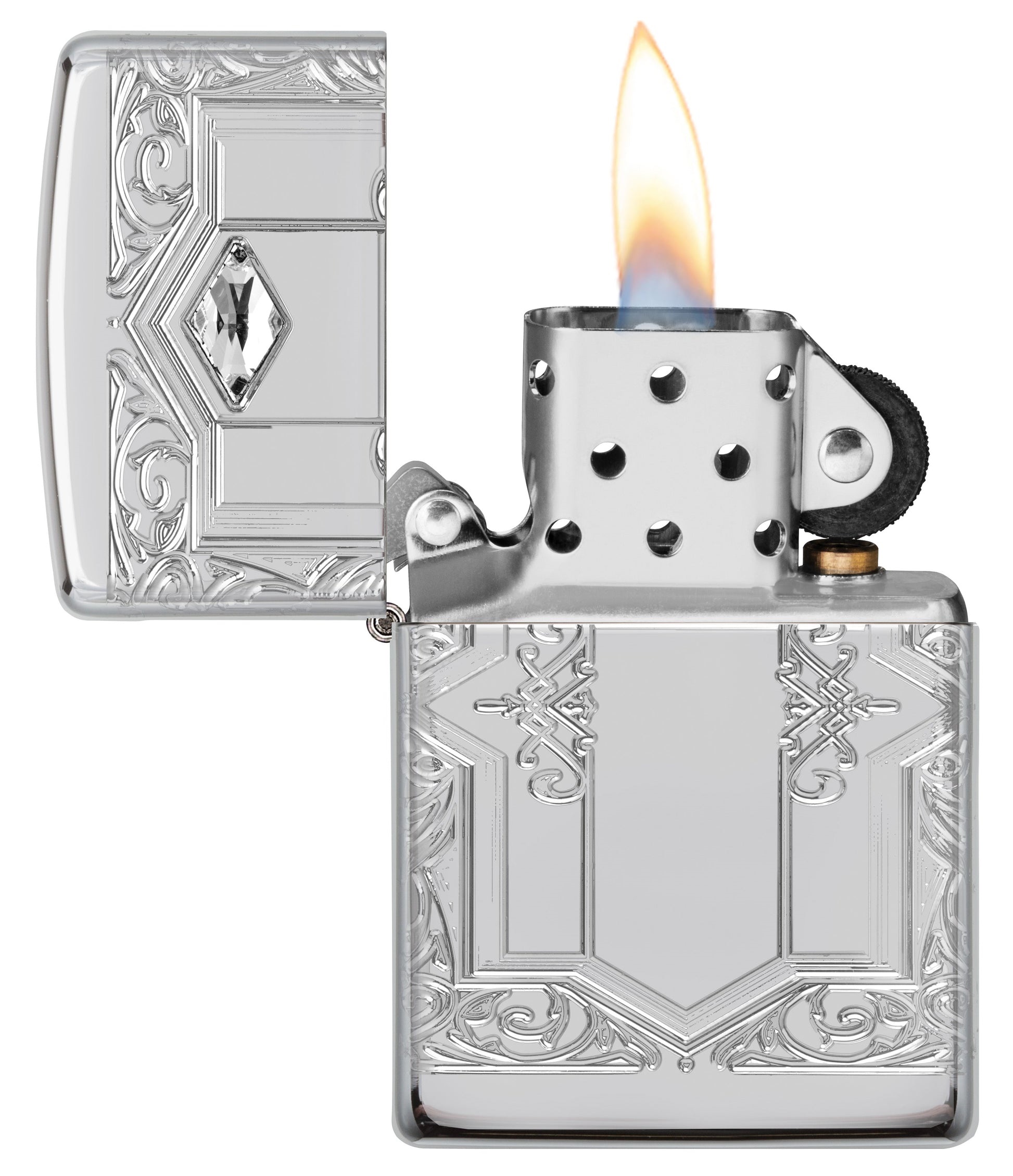 Front shot of Zippo Bejeweled Beetle Design High Polish Brass Windproof Lighter standing at a 3/4 angle.