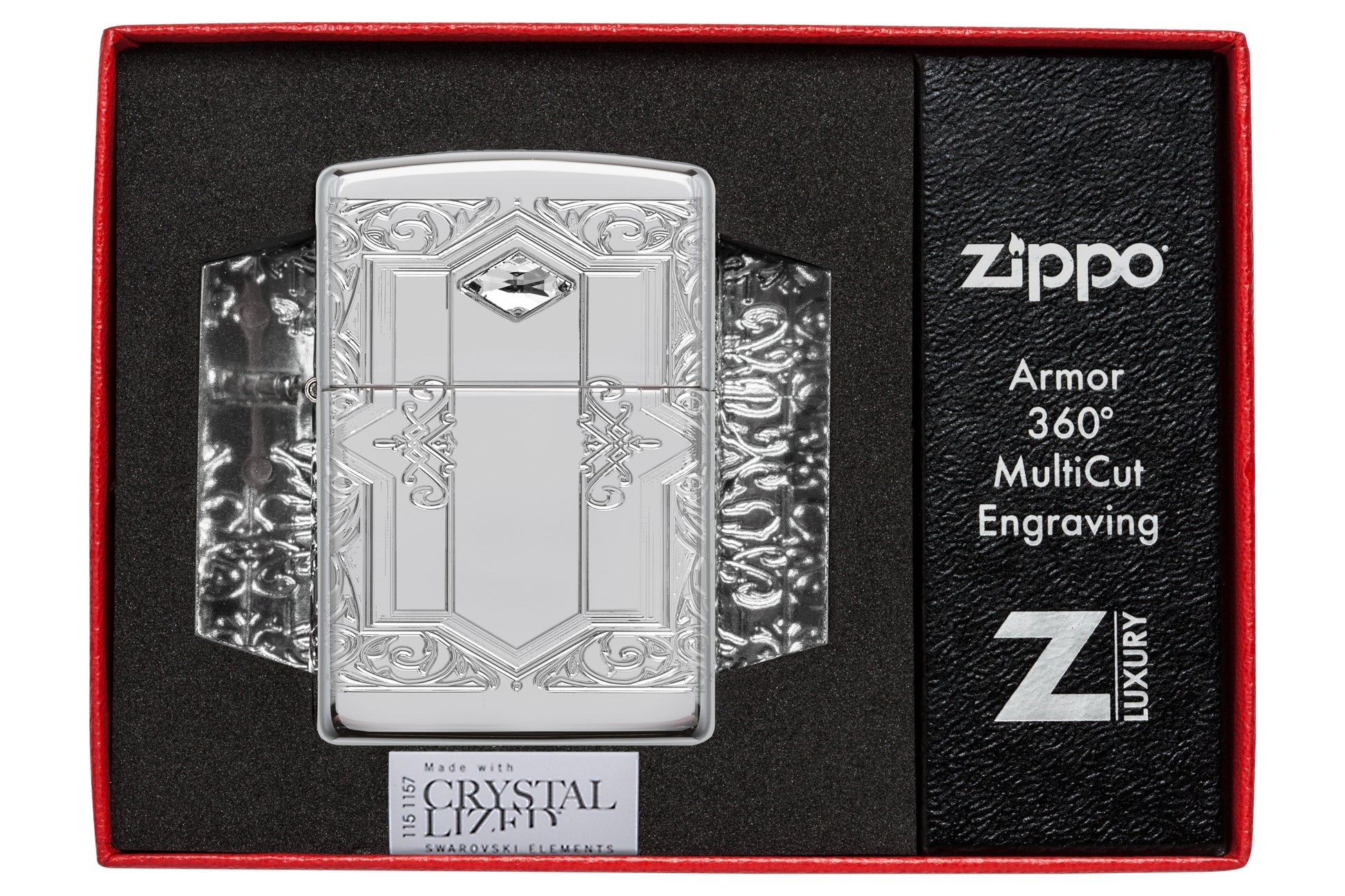 Front shot of Zippo Bejeweled Beetle Design High Polish Brass Windproof Lighter standing at a 3/4 angle.