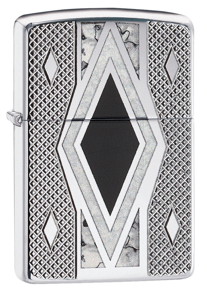 Front shot of Zippo Bejeweled Beetle Design High Polish Brass Windproof Lighter standing at a 3/4 angle.