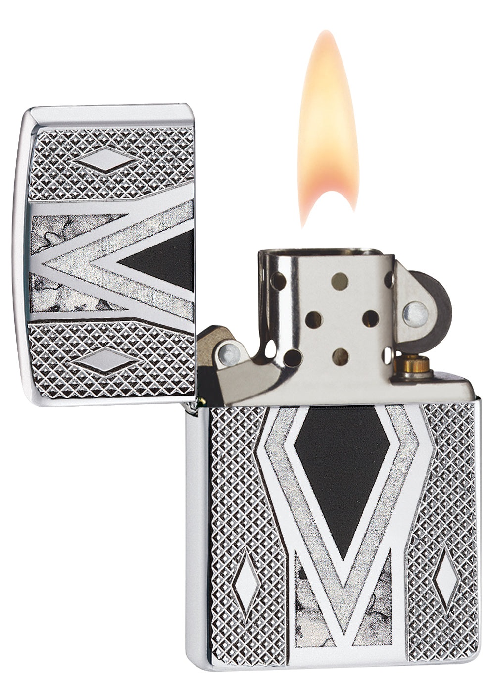 Front shot of Zippo Bejeweled Beetle Design High Polish Brass Windproof Lighter standing at a 3/4 angle.