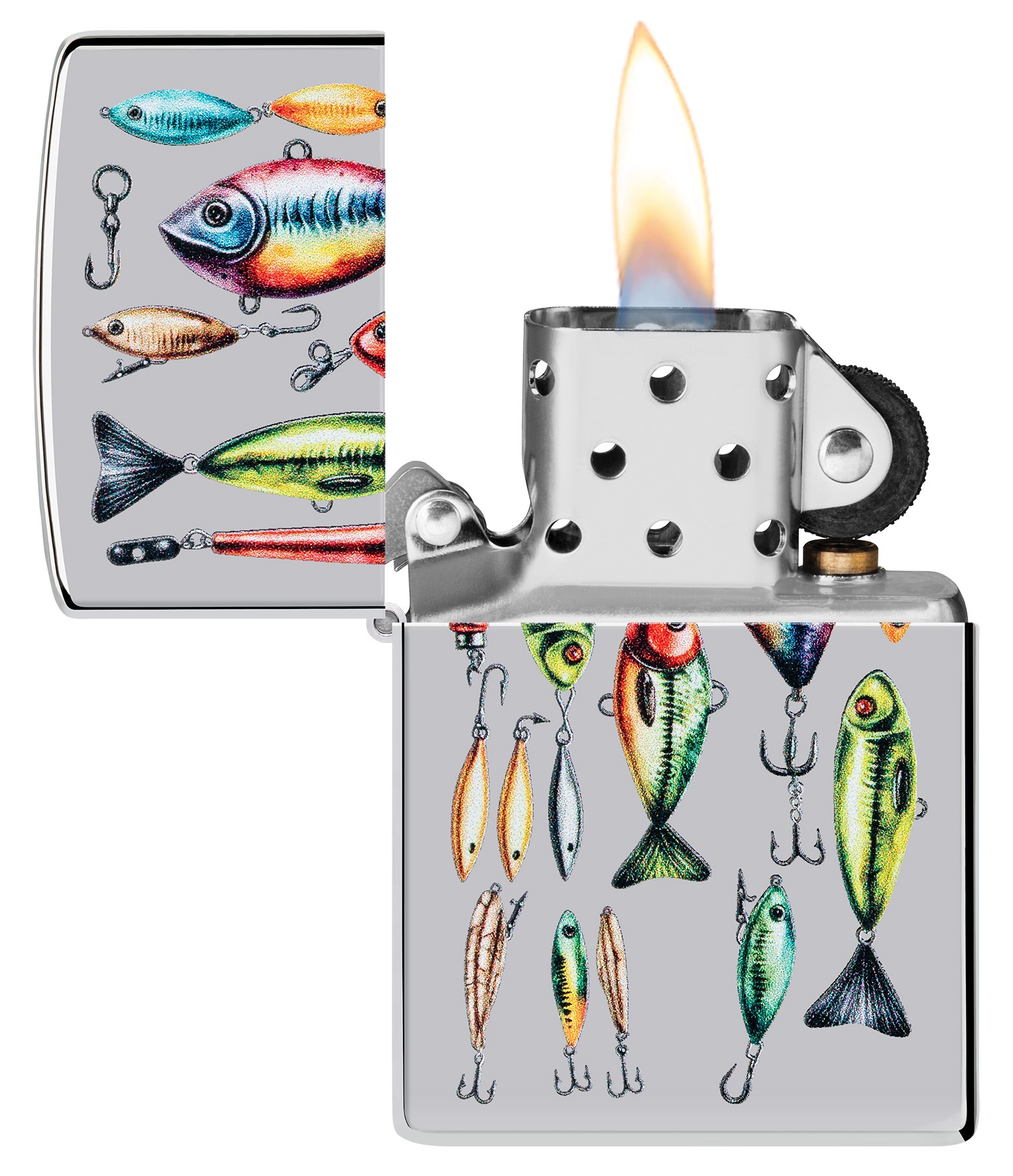 Front shot of Zippo Bejeweled Beetle Design High Polish Brass Windproof Lighter standing at a 3/4 angle.