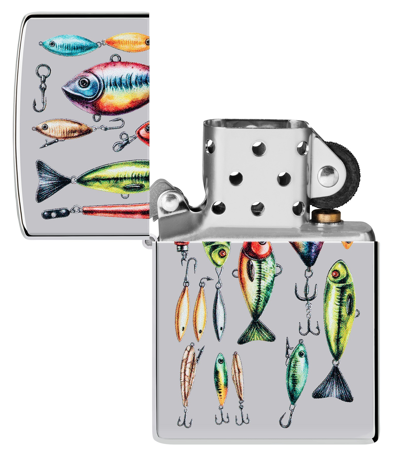 Front shot of Zippo Bejeweled Beetle Design High Polish Brass Windproof Lighter standing at a 3/4 angle.