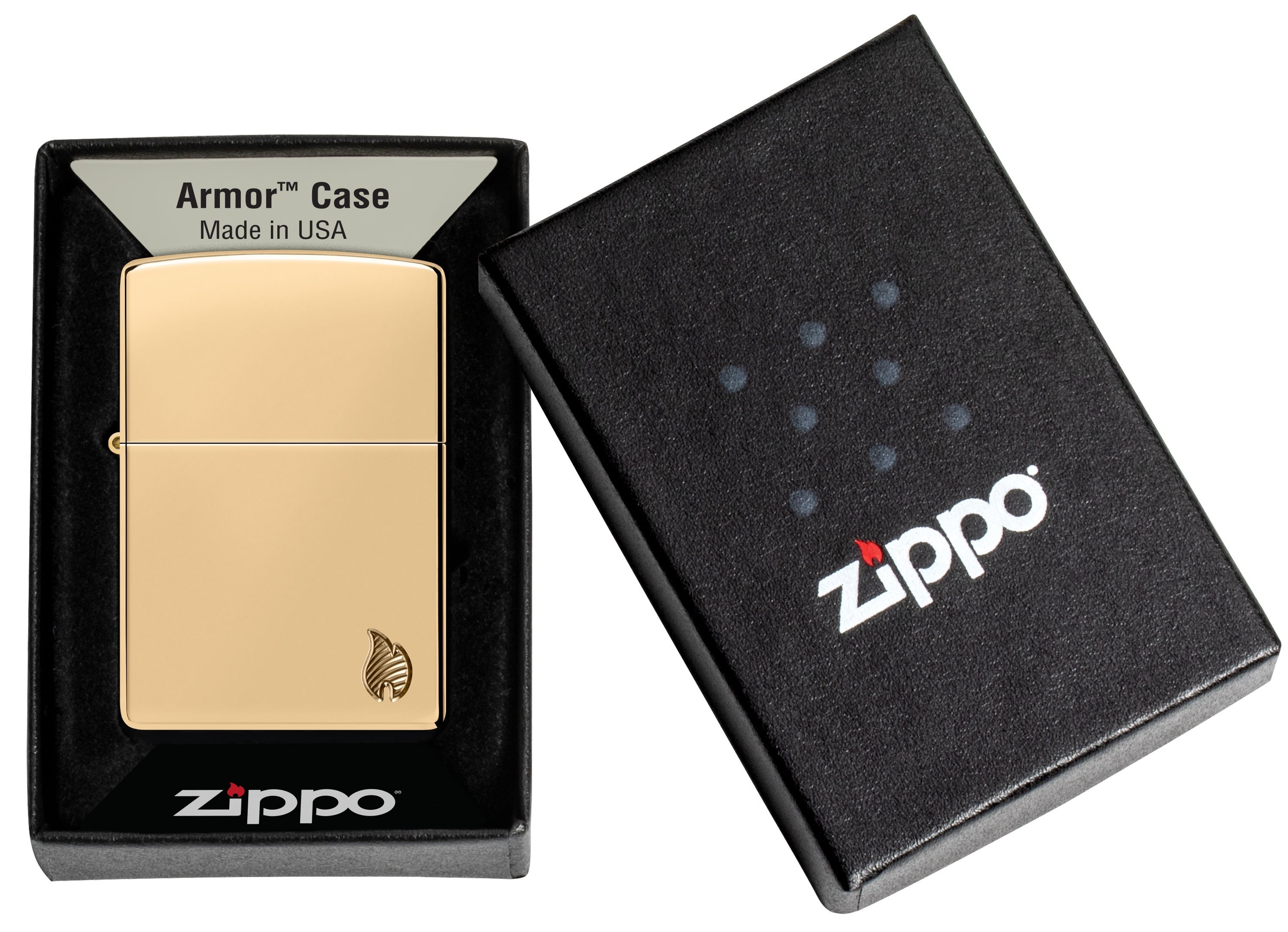 Front shot of Zippo Bejeweled Beetle Design High Polish Brass Windproof Lighter standing at a 3/4 angle.
