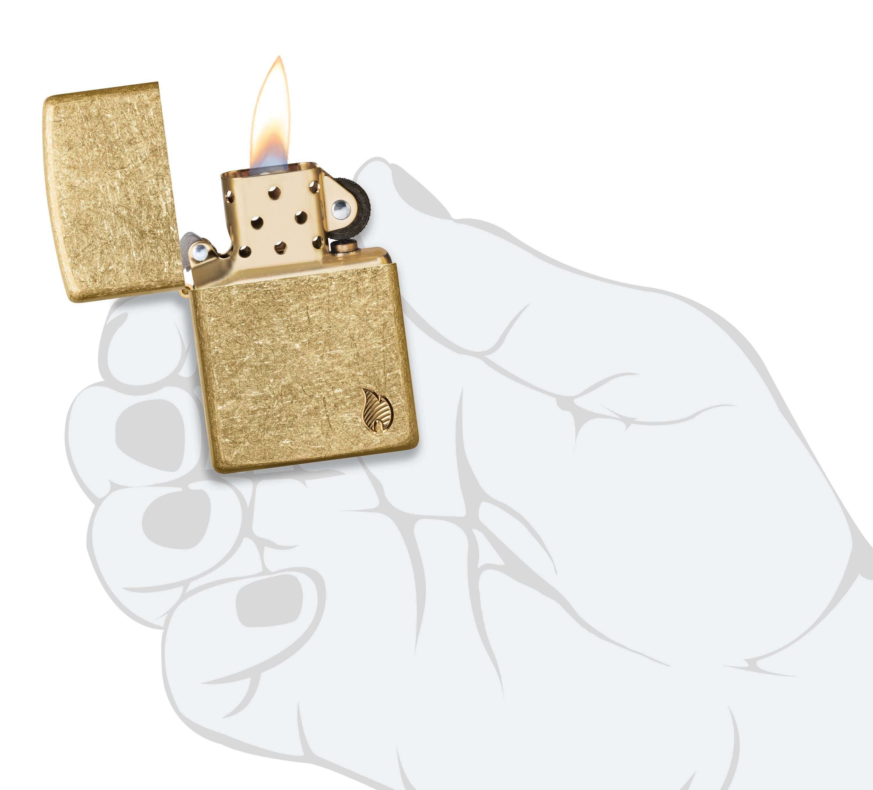 Front shot of Zippo Bejeweled Beetle Design High Polish Brass Windproof Lighter standing at a 3/4 angle.