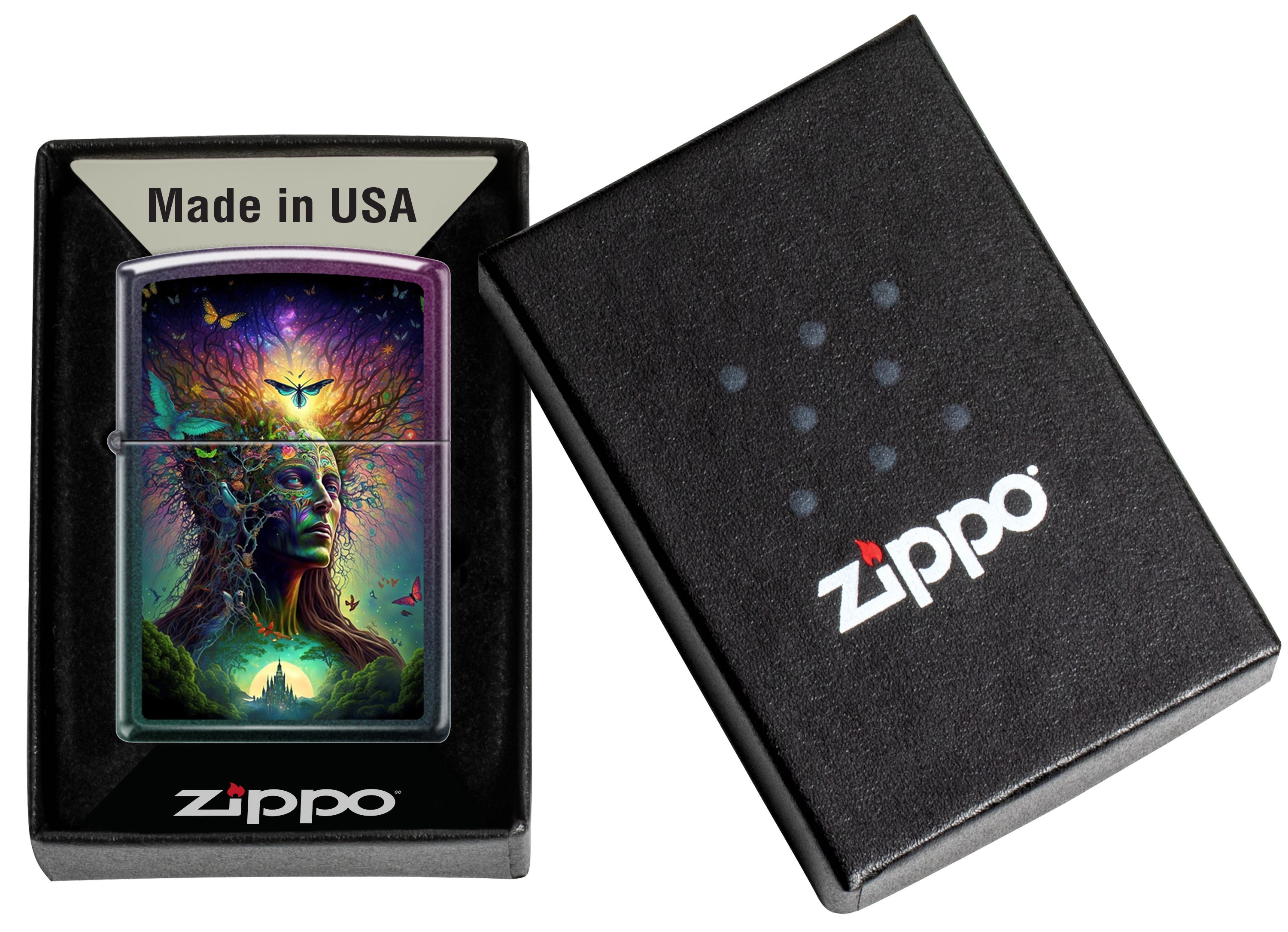 Front shot of Zippo Bejeweled Beetle Design High Polish Brass Windproof Lighter standing at a 3/4 angle.