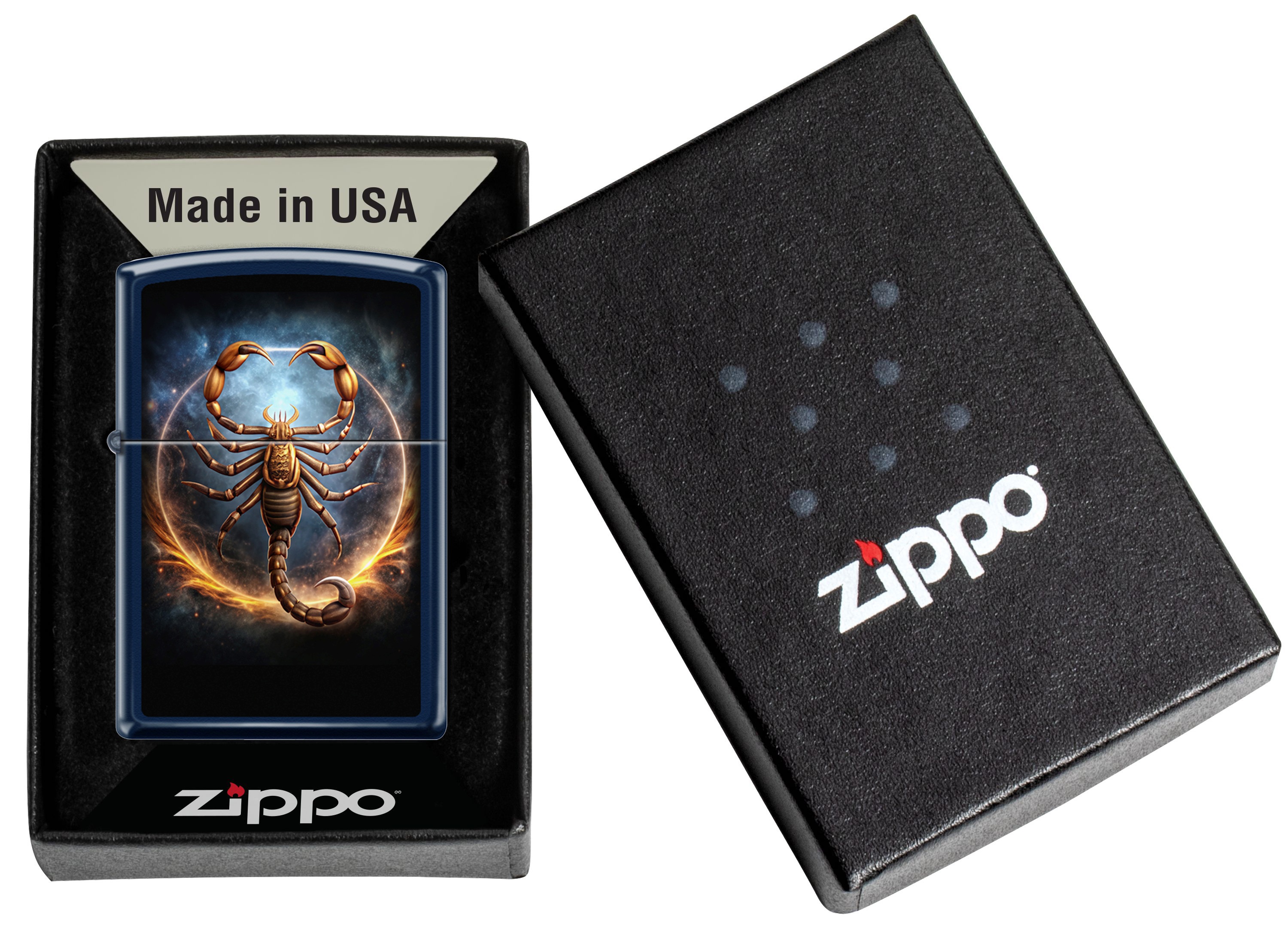 Front shot of Zippo Bejeweled Beetle Design High Polish Brass Windproof Lighter standing at a 3/4 angle.