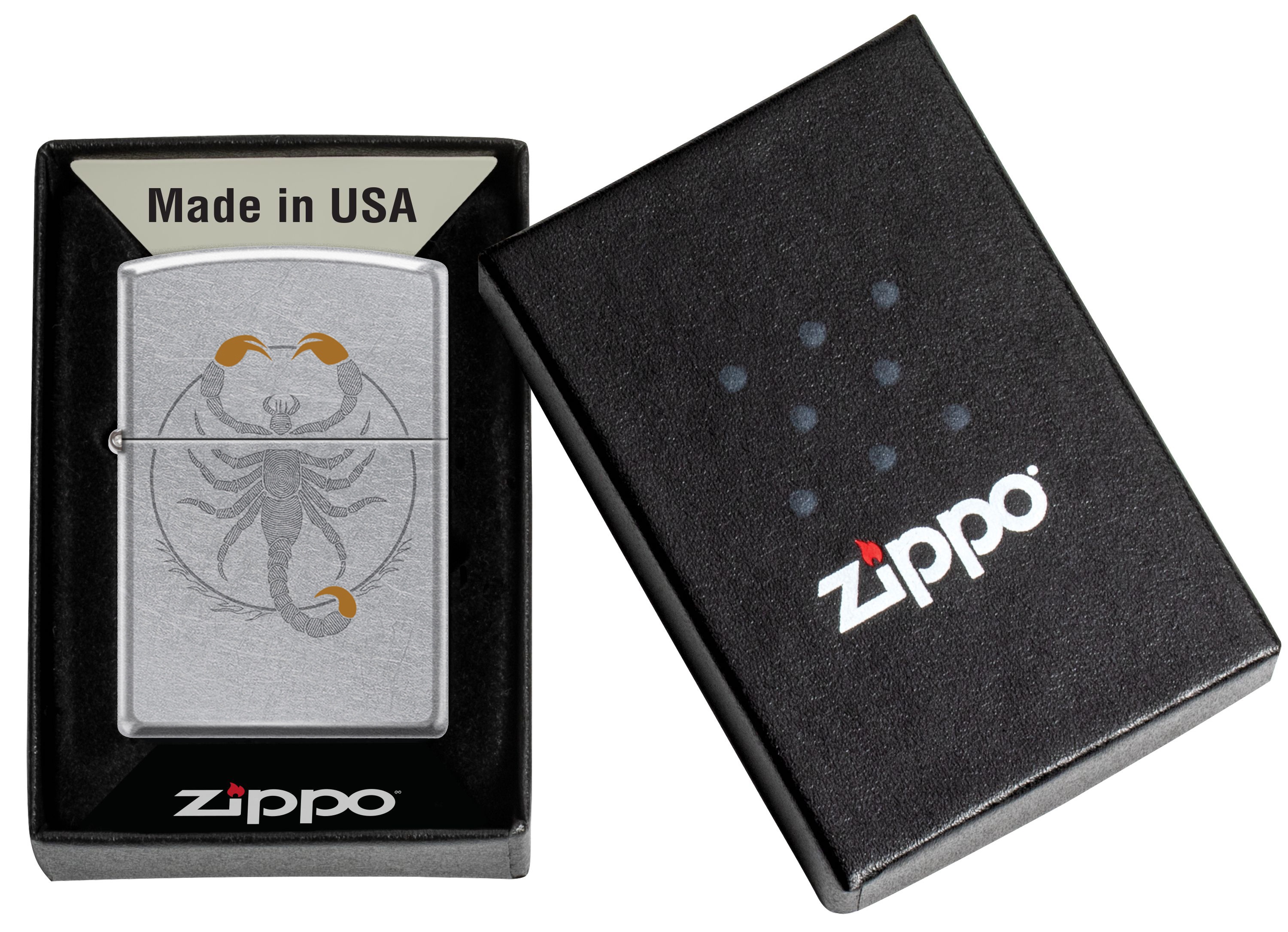 Front shot of Zippo Bejeweled Beetle Design High Polish Brass Windproof Lighter standing at a 3/4 angle.
