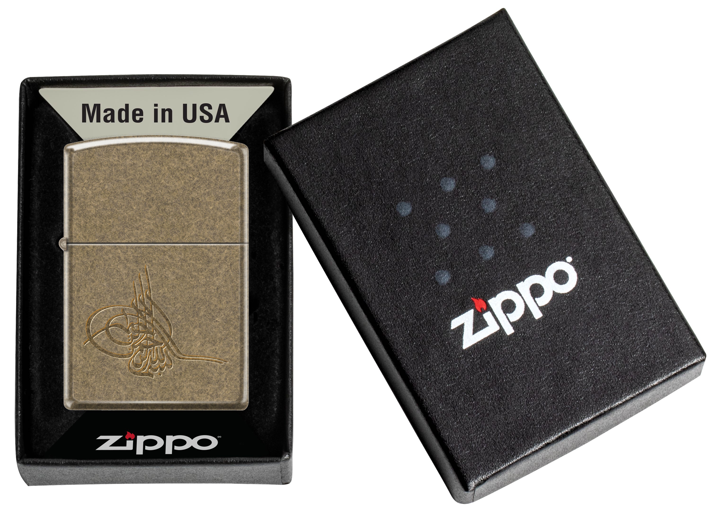 Front shot of Zippo Bejeweled Beetle Design High Polish Brass Windproof Lighter standing at a 3/4 angle.