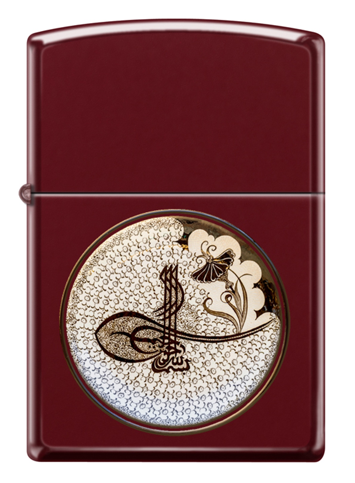 Front shot of Zippo Bejeweled Beetle Design High Polish Brass Windproof Lighter standing at a 3/4 angle.