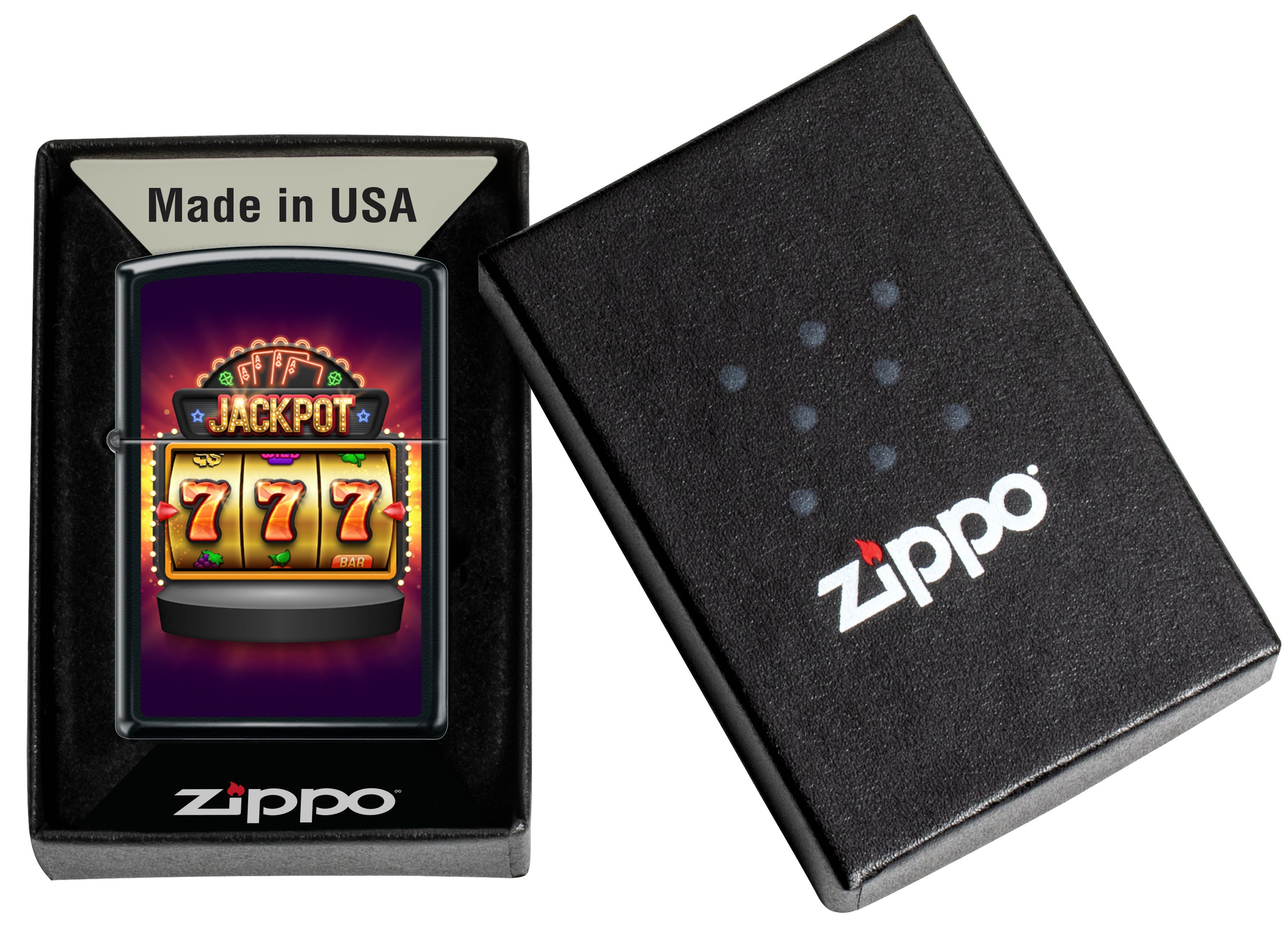 Front shot of Zippo Bejeweled Beetle Design High Polish Brass Windproof Lighter standing at a 3/4 angle.