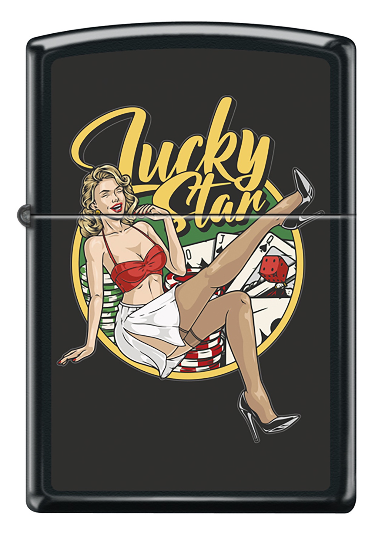 Front shot of Zippo Bejeweled Beetle Design High Polish Brass Windproof Lighter standing at a 3/4 angle.