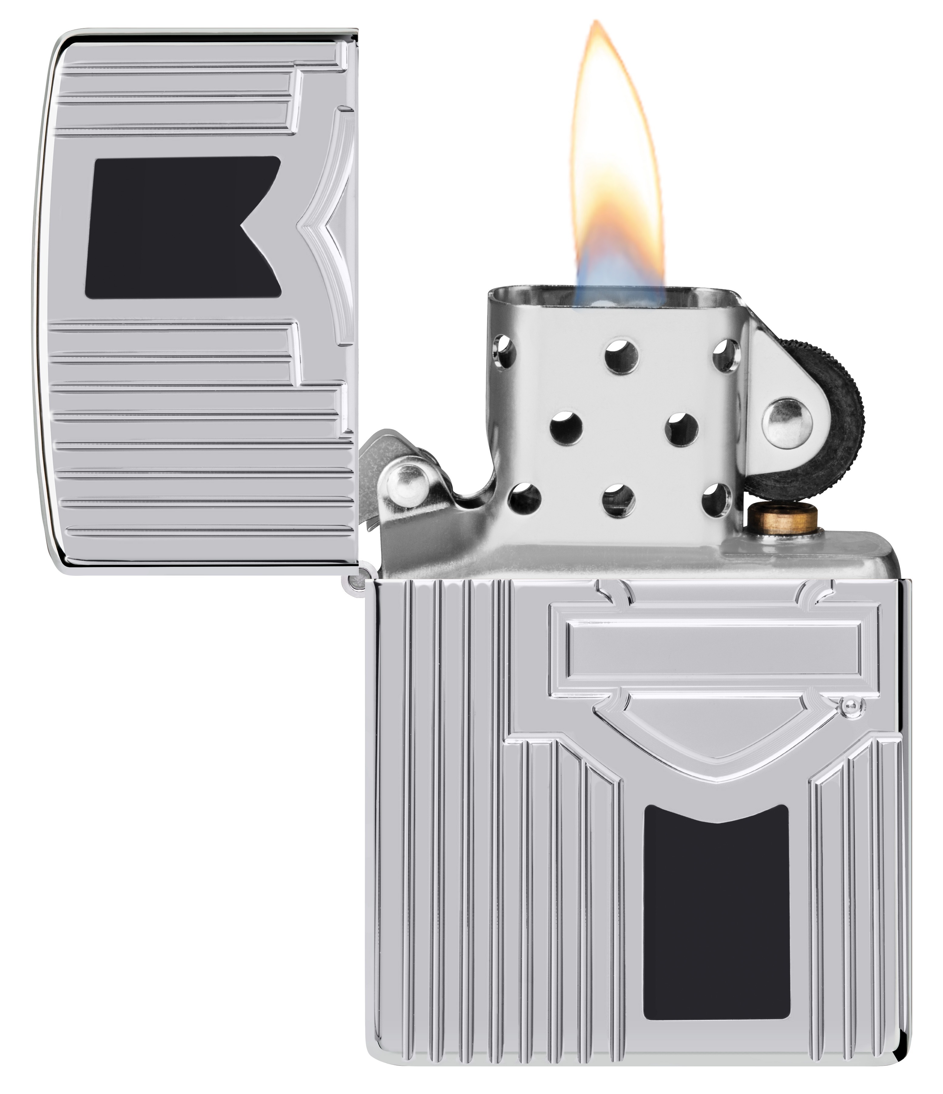 Front shot of Zippo Bejeweled Beetle Design High Polish Brass Windproof Lighter standing at a 3/4 angle.