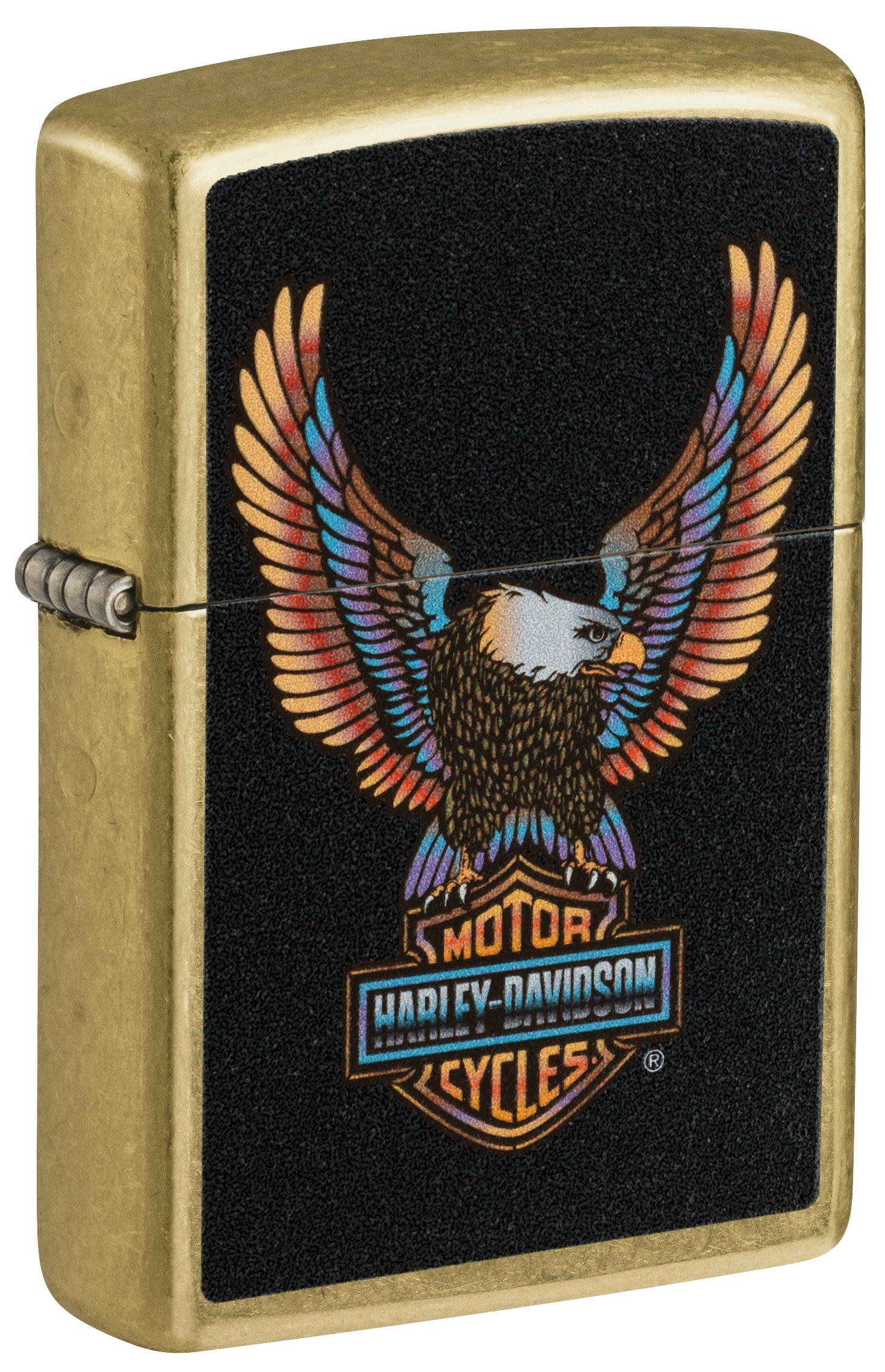 Front shot of Zippo Bejeweled Beetle Design High Polish Brass Windproof Lighter standing at a 3/4 angle.
