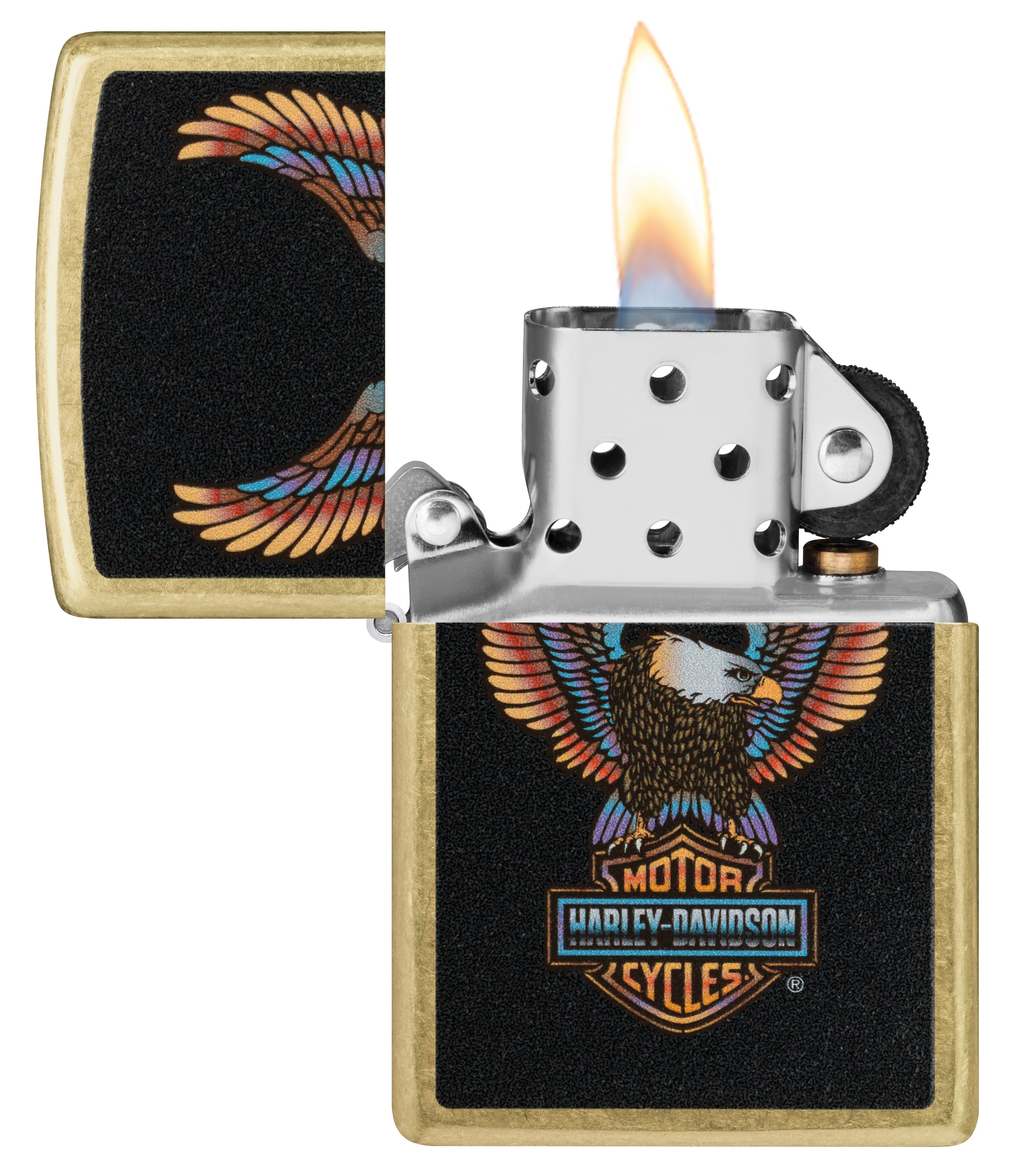 Front shot of Zippo Bejeweled Beetle Design High Polish Brass Windproof Lighter standing at a 3/4 angle.