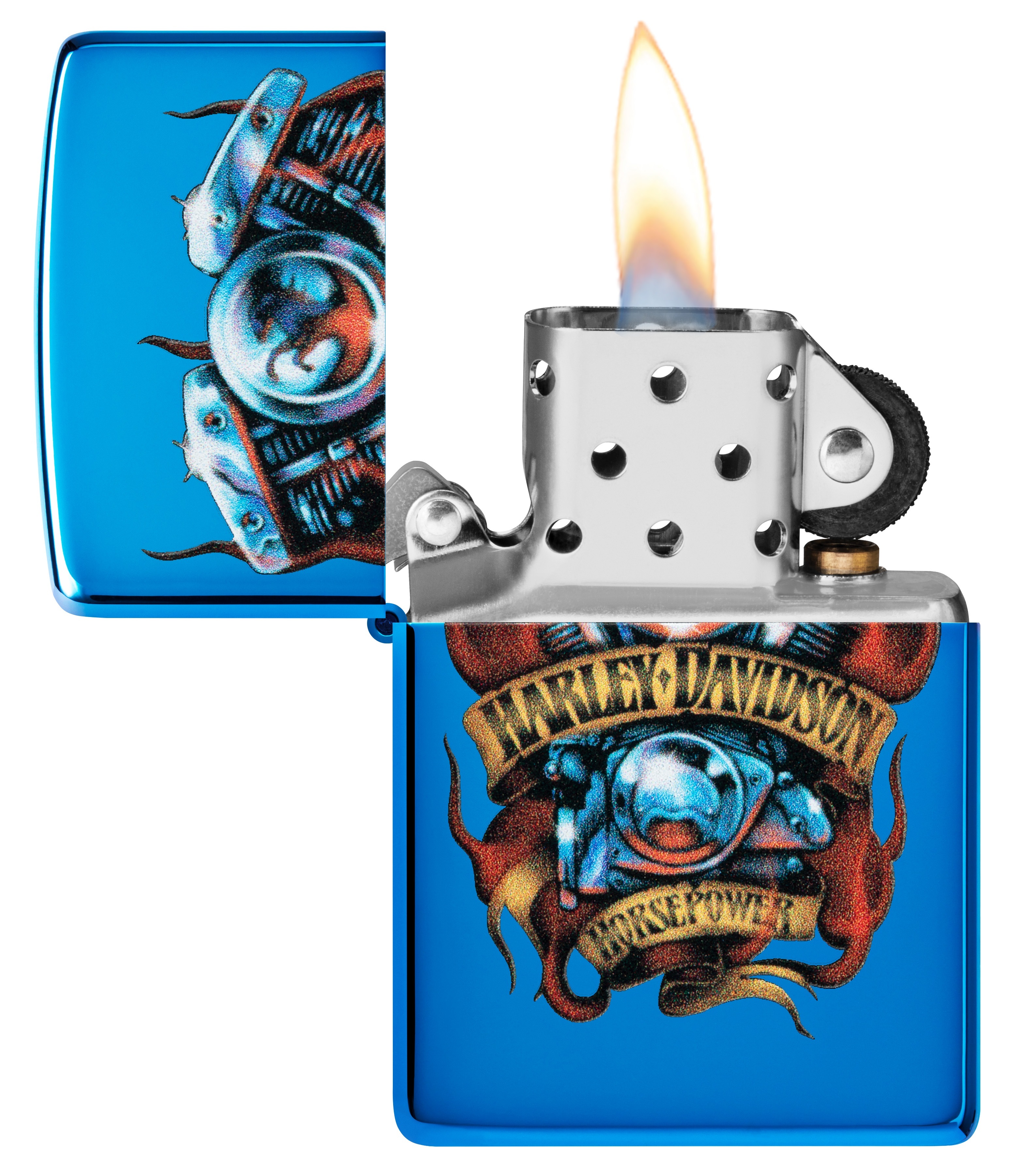 Front shot of Zippo Bejeweled Beetle Design High Polish Brass Windproof Lighter standing at a 3/4 angle.