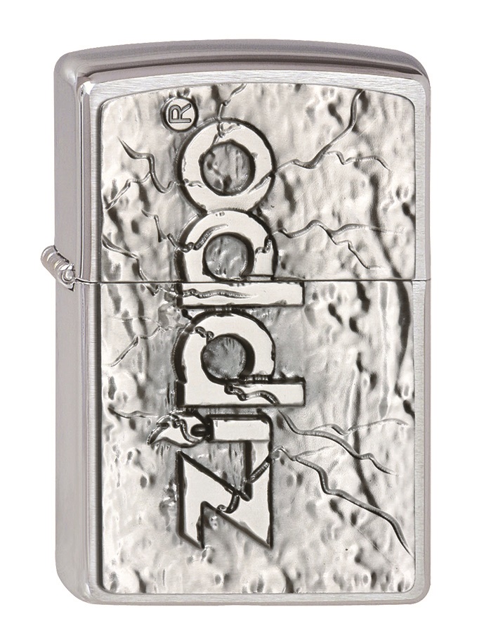 Front shot of Zippo Bejeweled Beetle Design High Polish Brass Windproof Lighter standing at a 3/4 angle.
