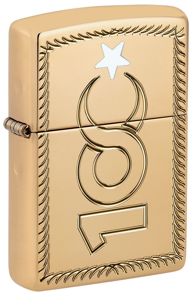 Front shot of Zippo Bejeweled Beetle Design High Polish Brass Windproof Lighter standing at a 3/4 angle.