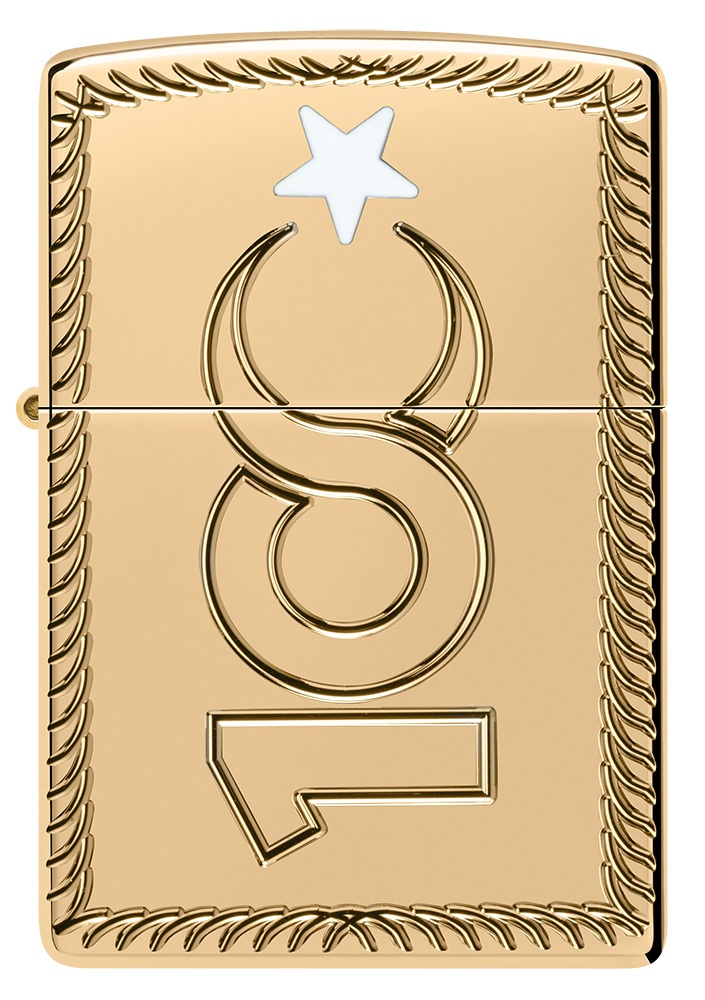 Front shot of Zippo Bejeweled Beetle Design High Polish Brass Windproof Lighter standing at a 3/4 angle.