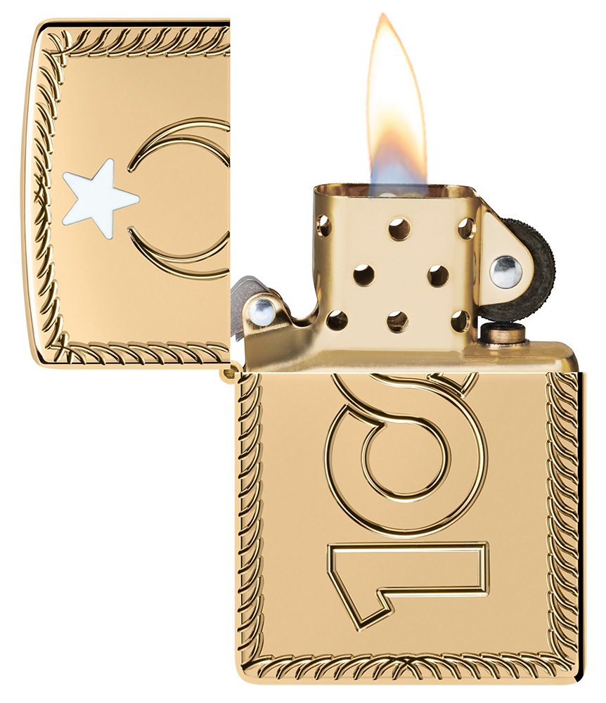 Front shot of Zippo Bejeweled Beetle Design High Polish Brass Windproof Lighter standing at a 3/4 angle.