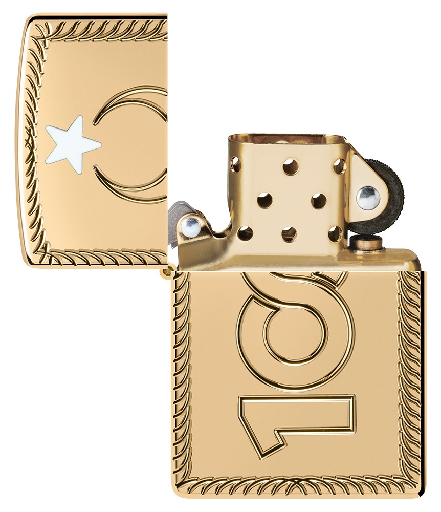 Front shot of Zippo Bejeweled Beetle Design High Polish Brass Windproof Lighter standing at a 3/4 angle.