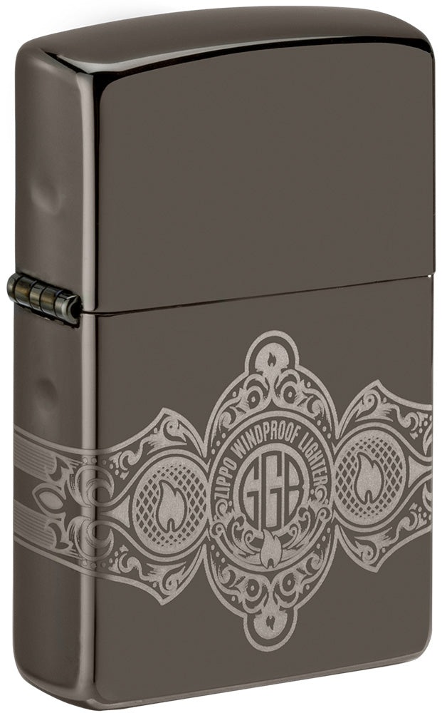 Front shot of Zippo Bejeweled Beetle Design High Polish Brass Windproof Lighter standing at a 3/4 angle.