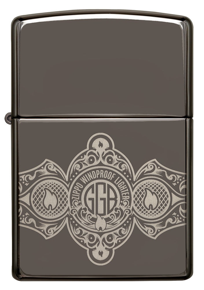 Front shot of Zippo Bejeweled Beetle Design High Polish Brass Windproof Lighter standing at a 3/4 angle.