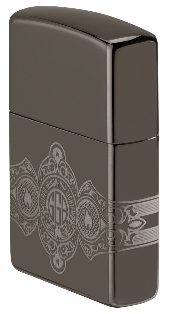 Front shot of Zippo Bejeweled Beetle Design High Polish Brass Windproof Lighter standing at a 3/4 angle.