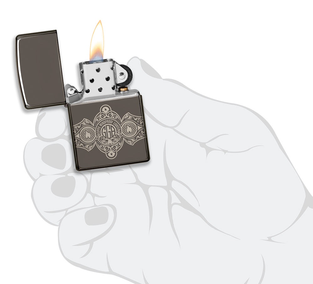 Front shot of Zippo Bejeweled Beetle Design High Polish Brass Windproof Lighter standing at a 3/4 angle.