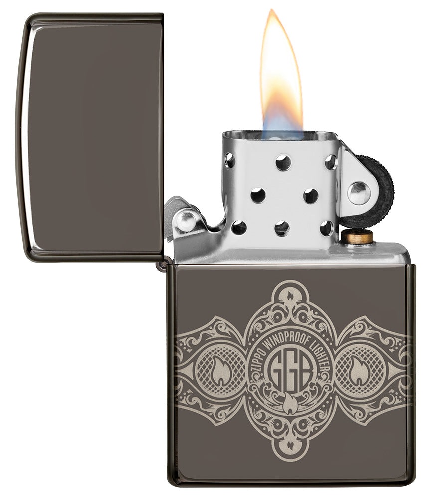 Front shot of Zippo Bejeweled Beetle Design High Polish Brass Windproof Lighter standing at a 3/4 angle.
