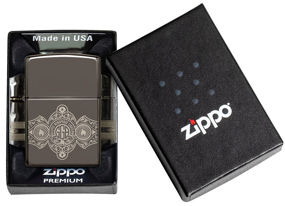 Front shot of Zippo Bejeweled Beetle Design High Polish Brass Windproof Lighter standing at a 3/4 angle.