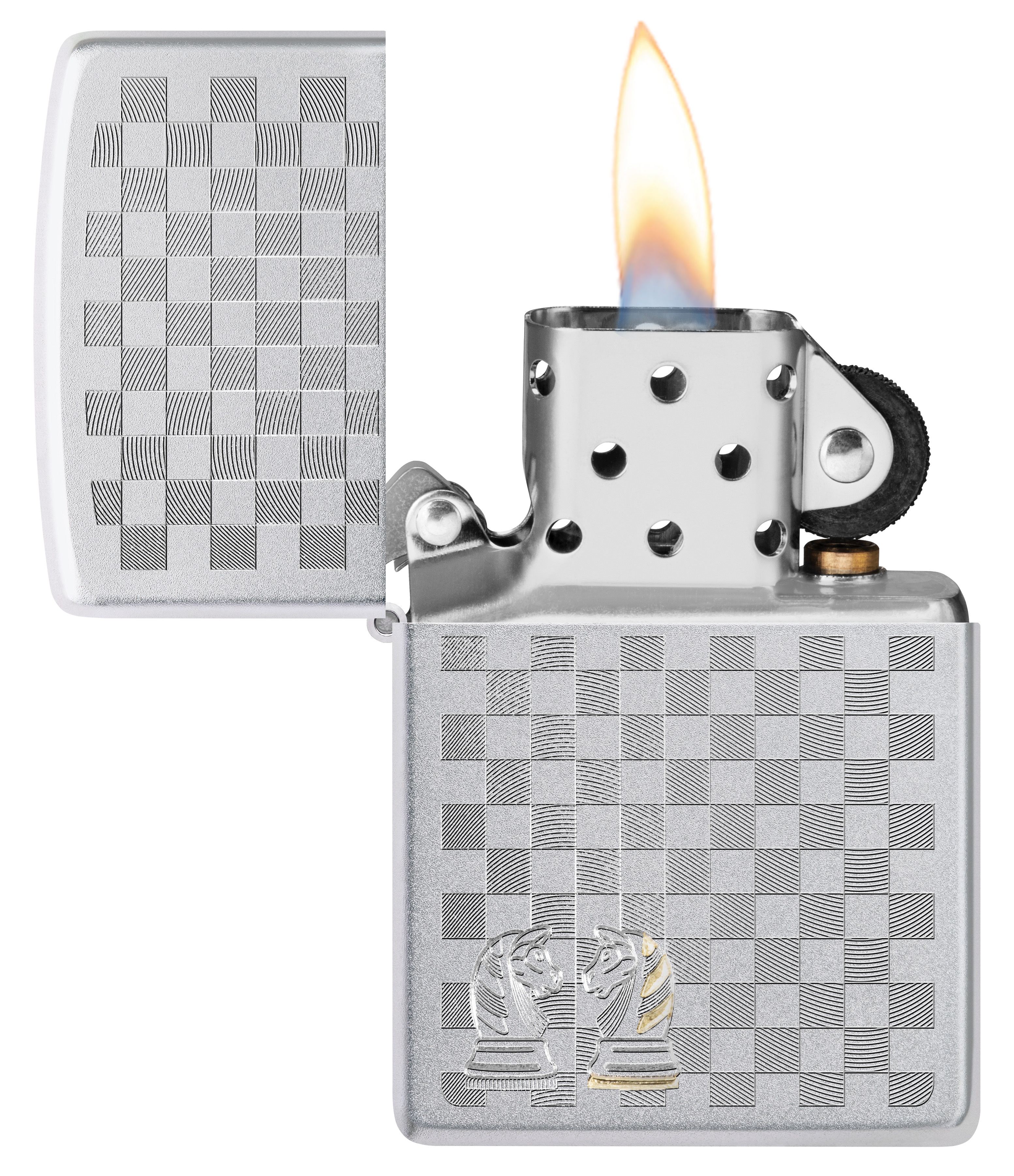 Front shot of Zippo Bejeweled Beetle Design High Polish Brass Windproof Lighter standing at a 3/4 angle.