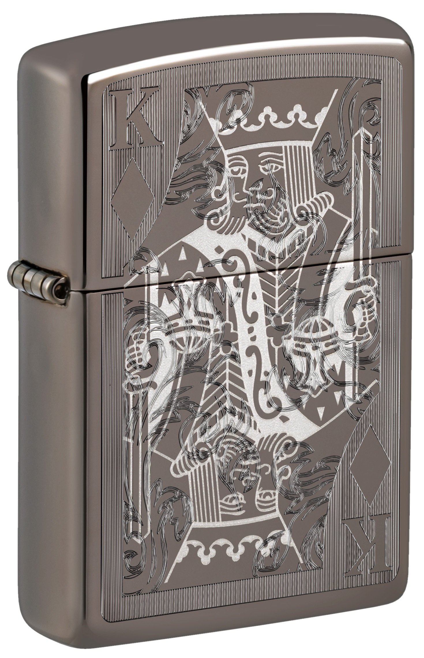 Front shot of Zippo Bejeweled Beetle Design High Polish Brass Windproof Lighter standing at a 3/4 angle.
