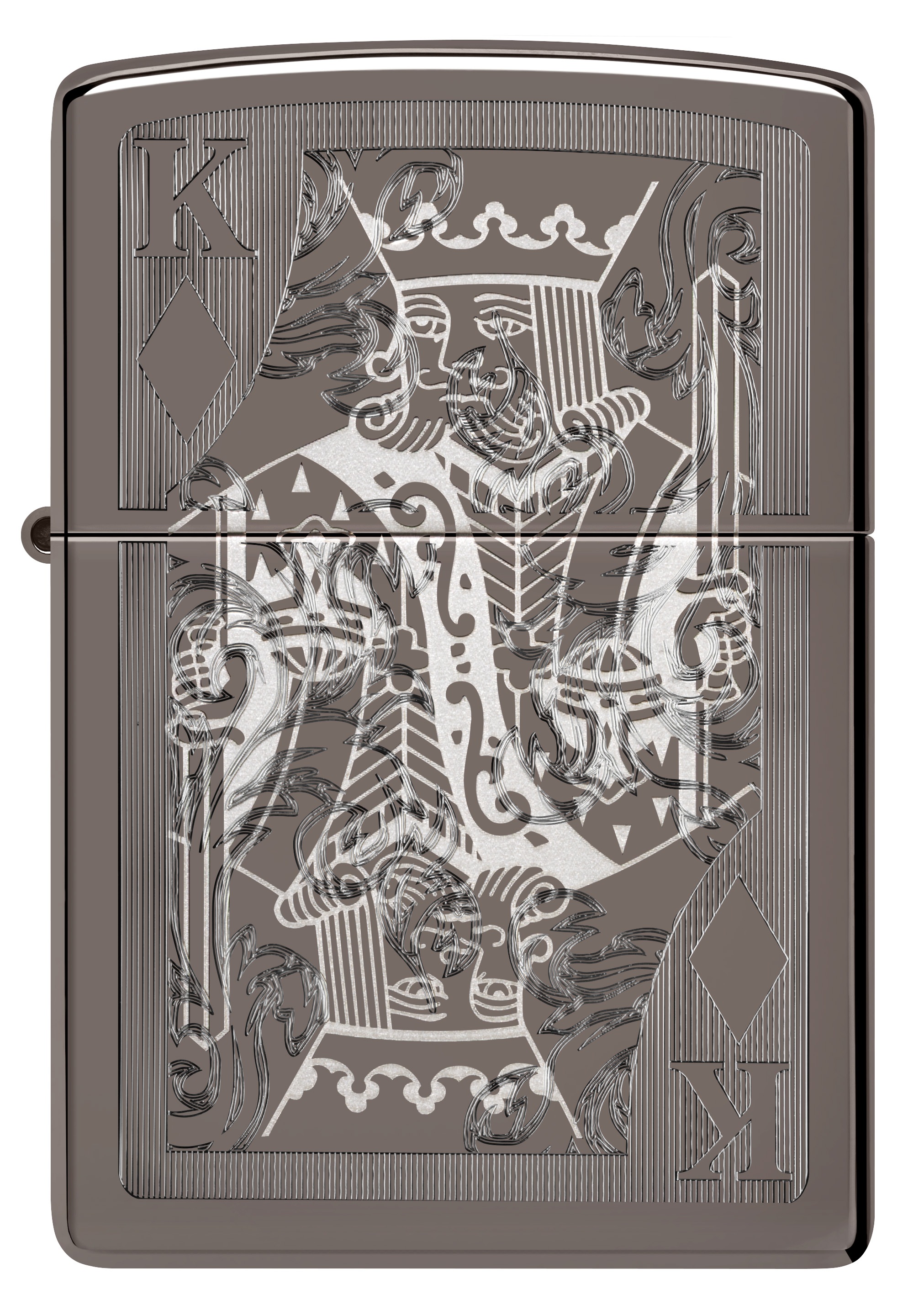 Front shot of Zippo Bejeweled Beetle Design High Polish Brass Windproof Lighter standing at a 3/4 angle.