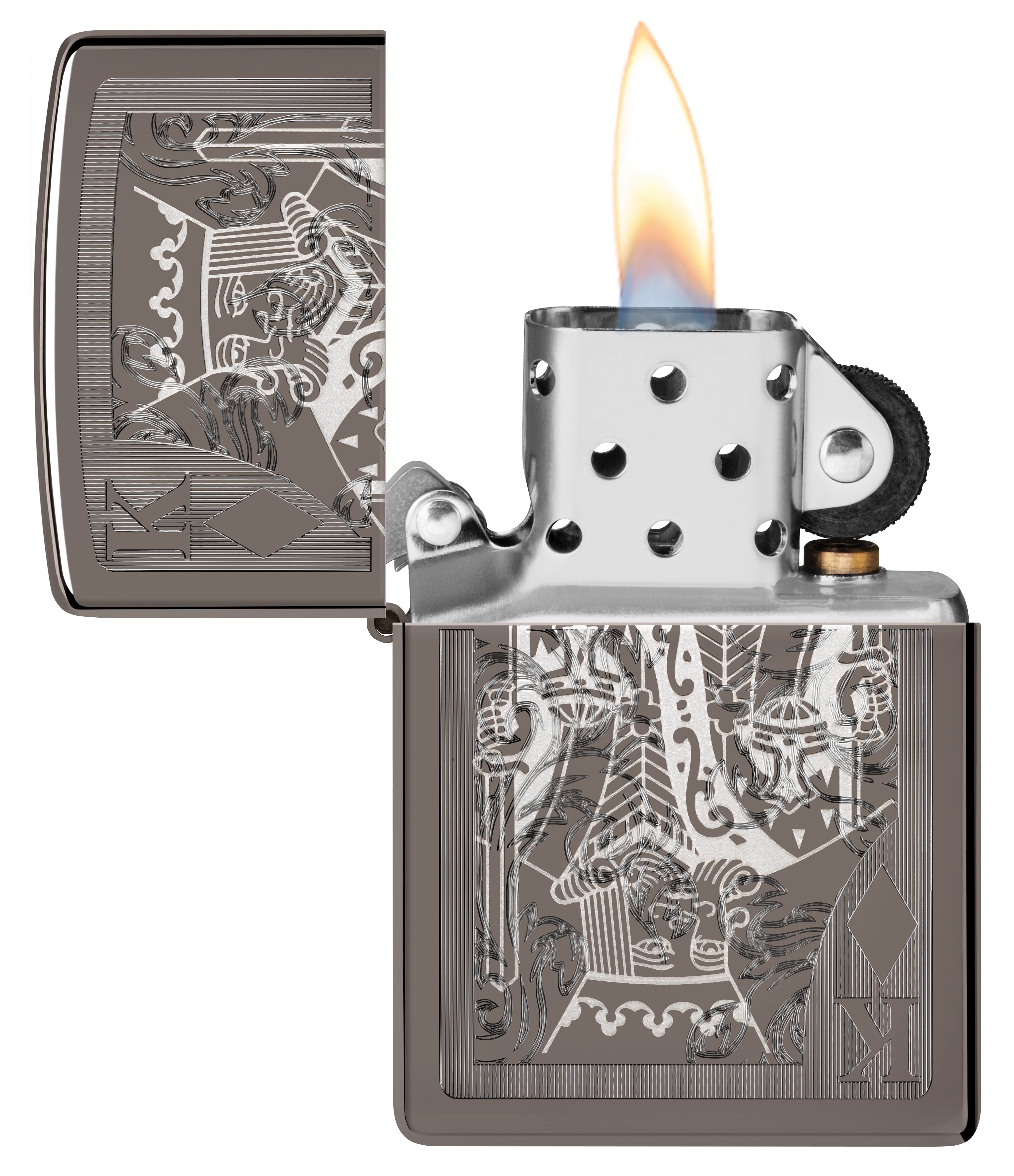Front shot of Zippo Bejeweled Beetle Design High Polish Brass Windproof Lighter standing at a 3/4 angle.