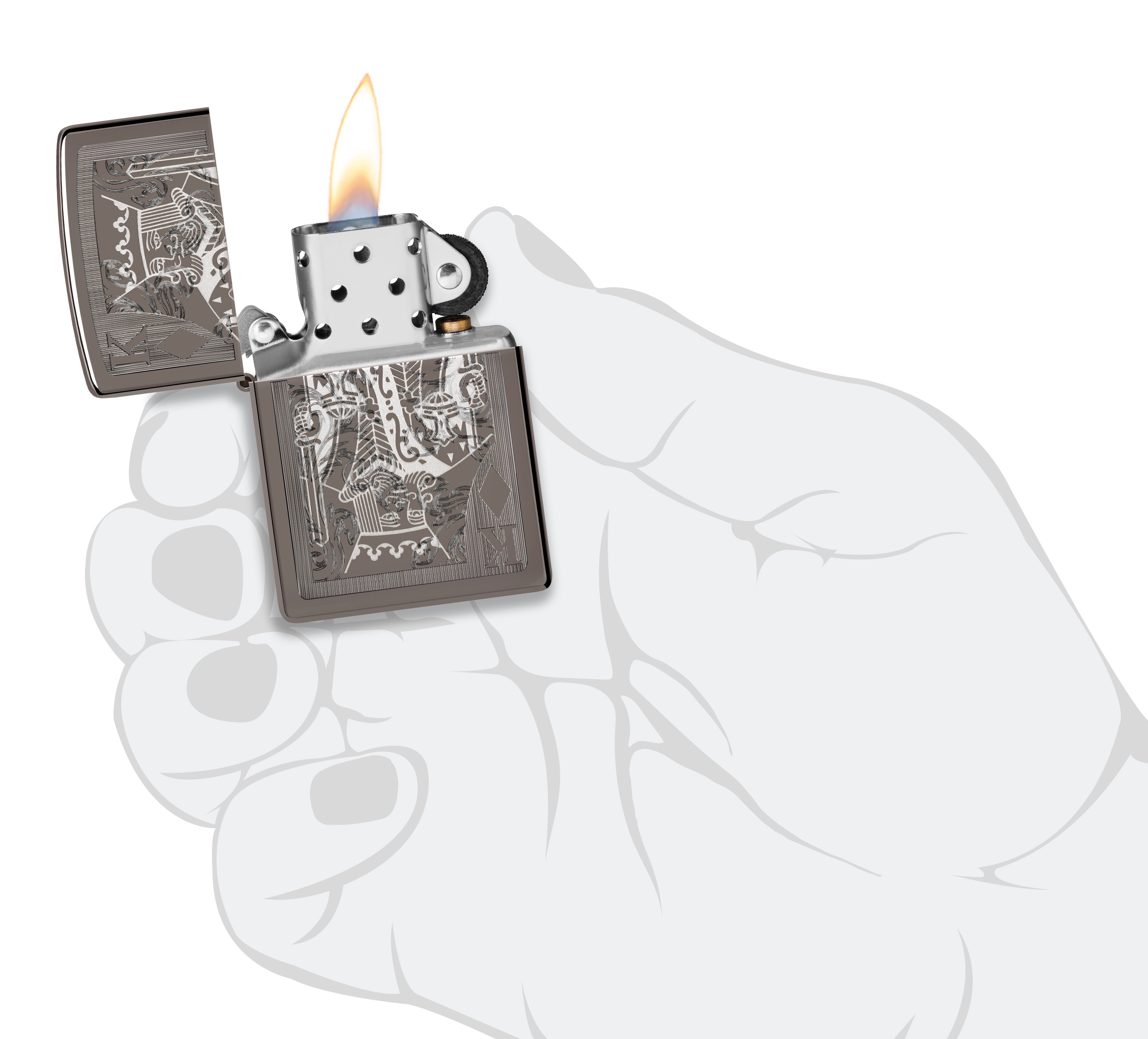Front shot of Zippo Bejeweled Beetle Design High Polish Brass Windproof Lighter standing at a 3/4 angle.