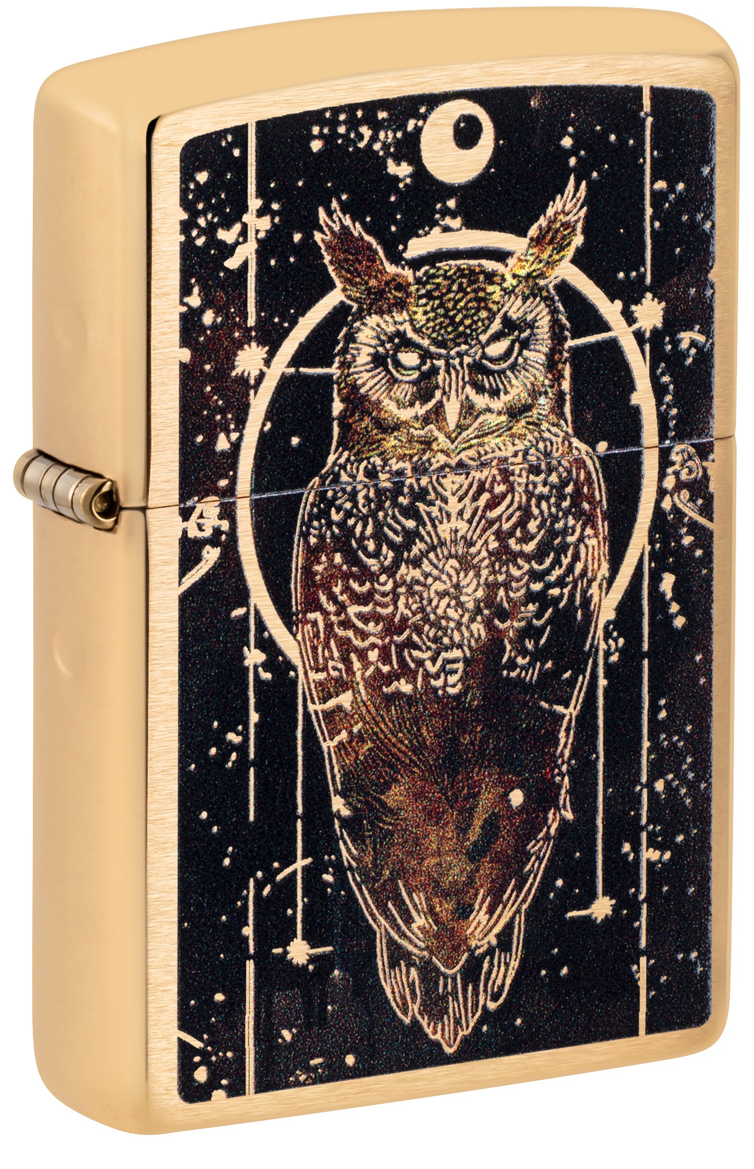 Front shot of Zippo Bejeweled Beetle Design High Polish Brass Windproof Lighter standing at a 3/4 angle.