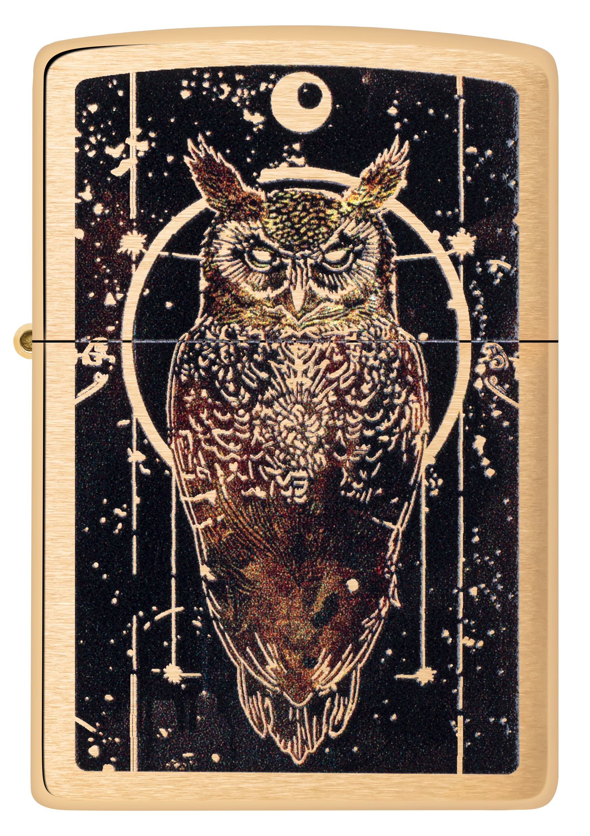 Front shot of Zippo Bejeweled Beetle Design High Polish Brass Windproof Lighter standing at a 3/4 angle.