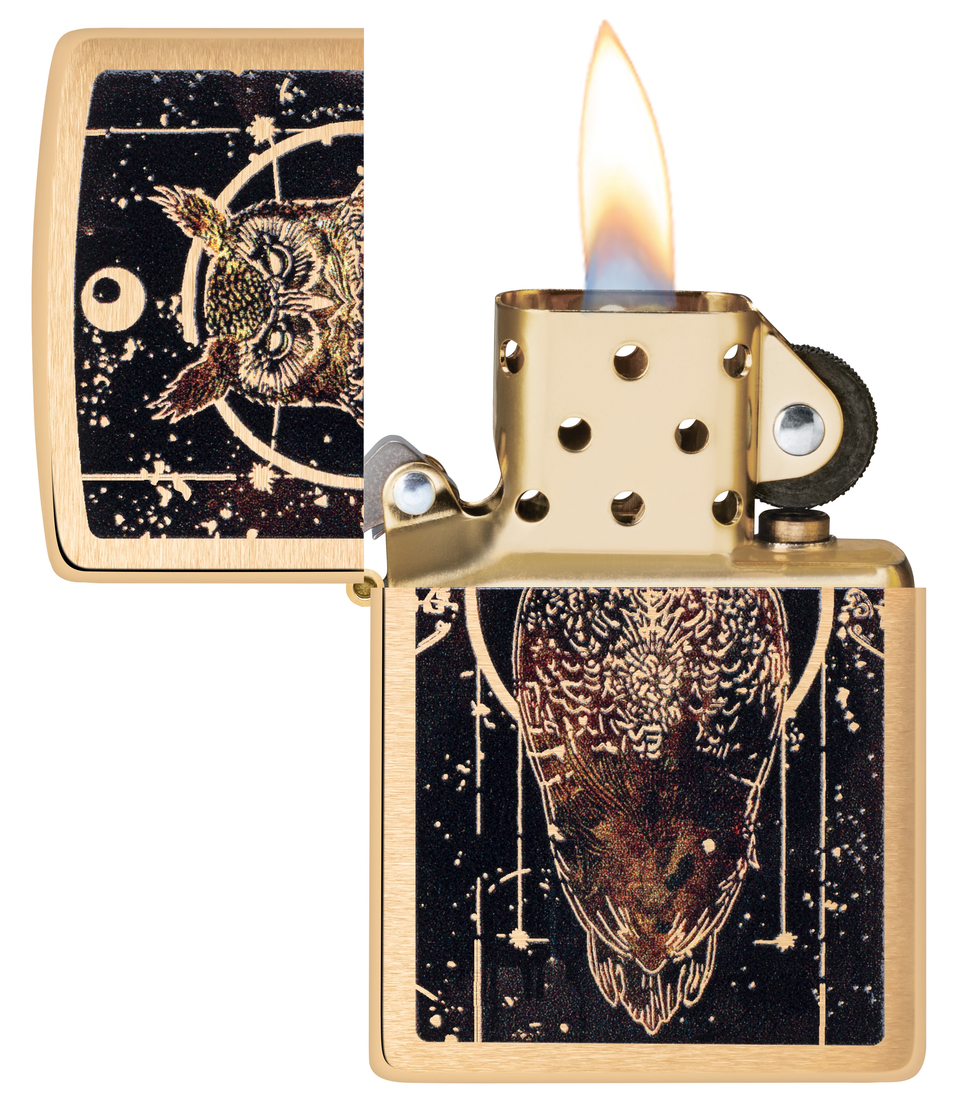Front shot of Zippo Bejeweled Beetle Design High Polish Brass Windproof Lighter standing at a 3/4 angle.