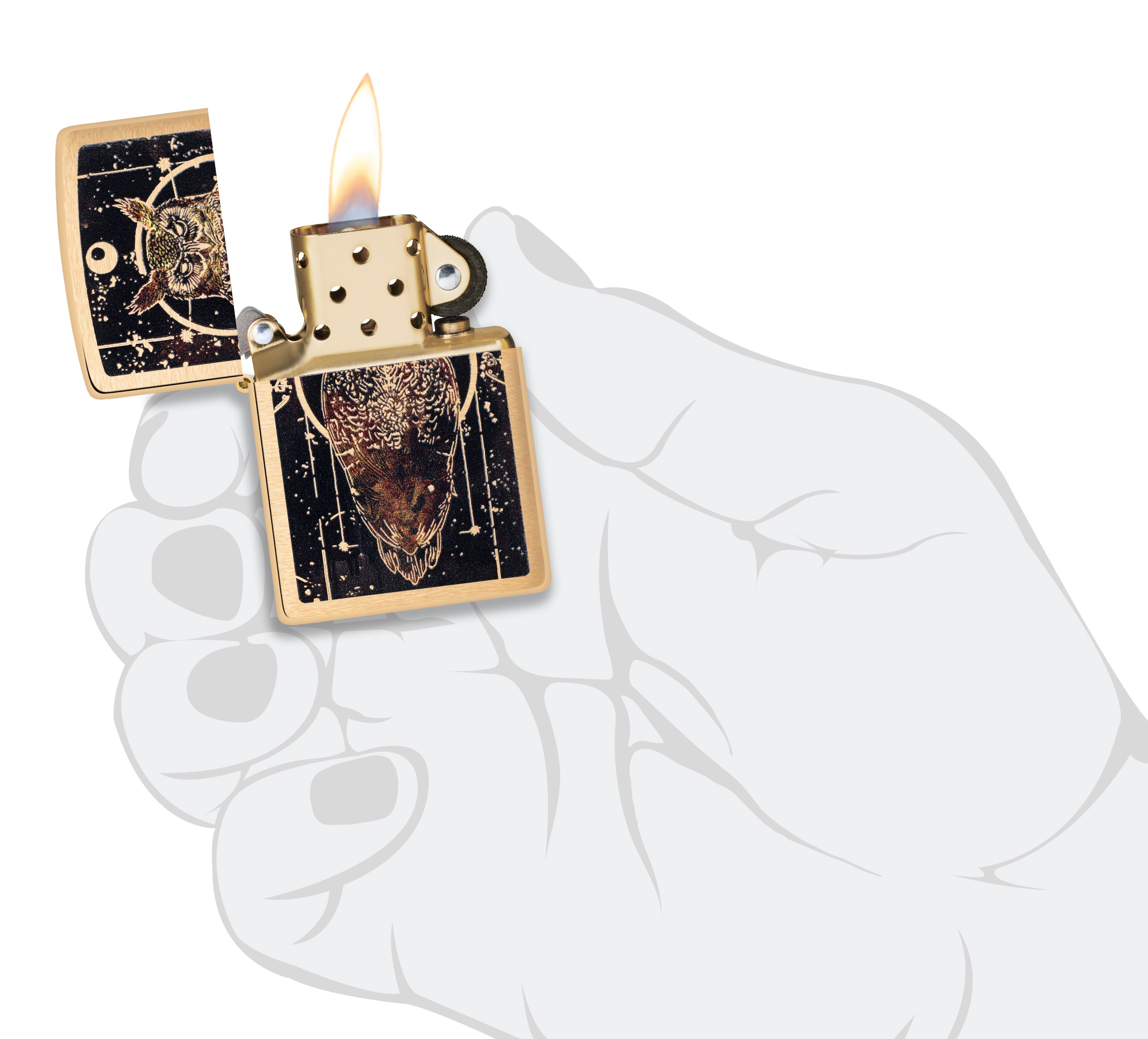 Front shot of Zippo Bejeweled Beetle Design High Polish Brass Windproof Lighter standing at a 3/4 angle.