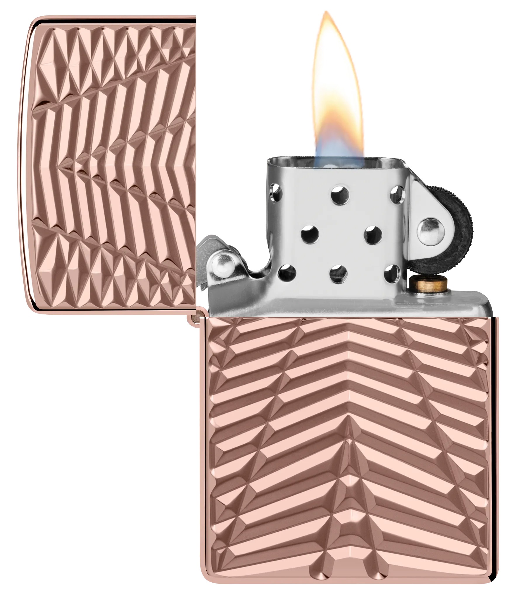 Front shot of Zippo Bejeweled Beetle Design High Polish Brass Windproof Lighter standing at a 3/4 angle.