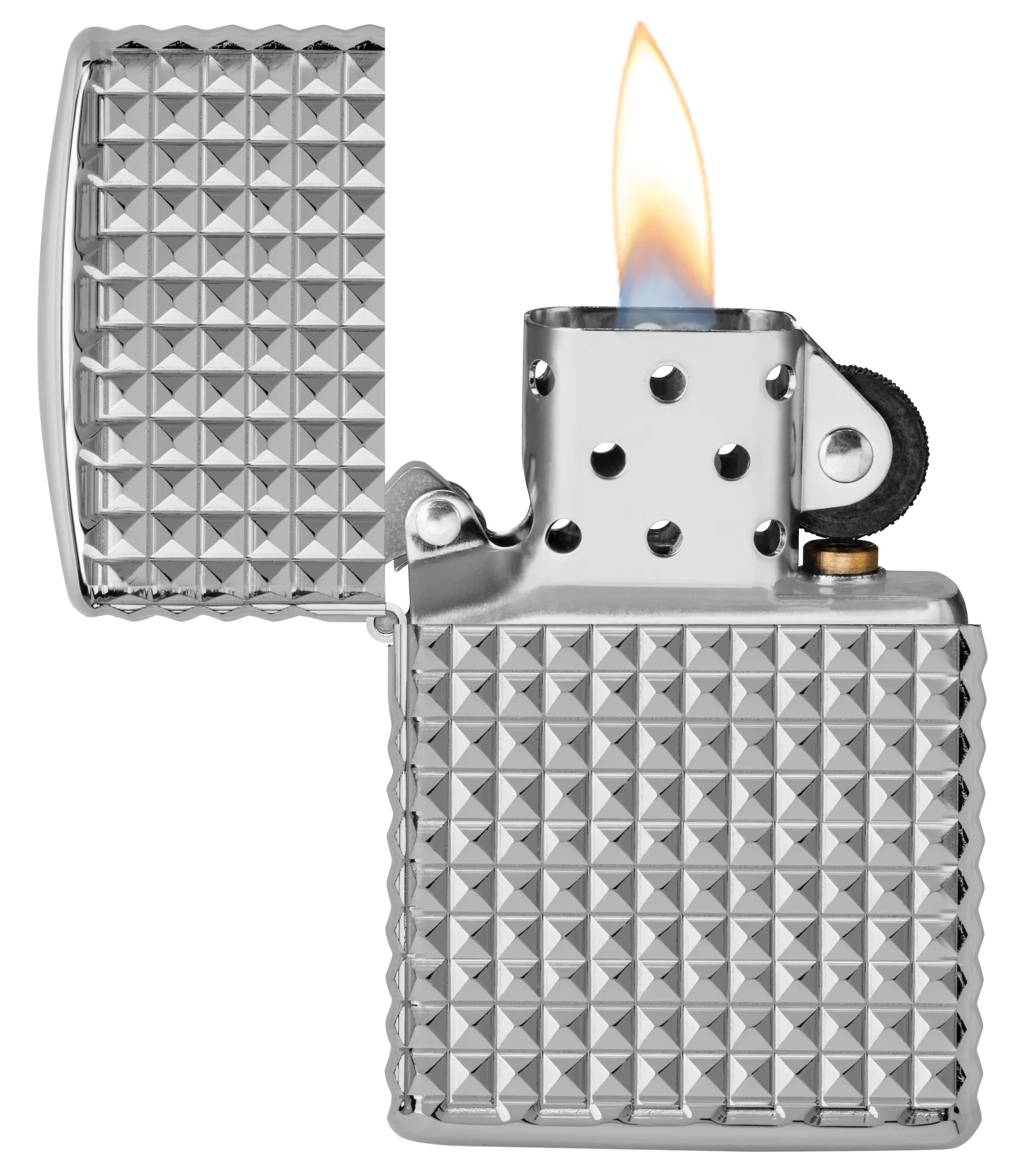 Front shot of Zippo Bejeweled Beetle Design High Polish Brass Windproof Lighter standing at a 3/4 angle.