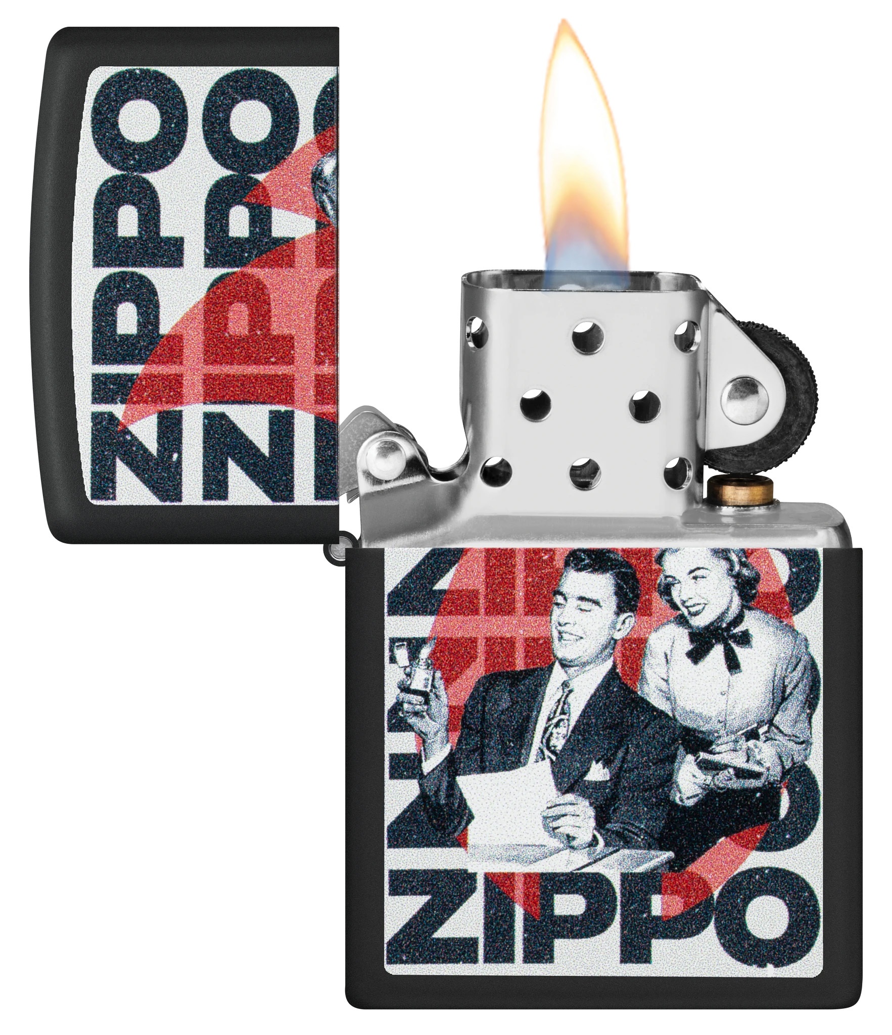 Front shot of Zippo Bejeweled Beetle Design High Polish Brass Windproof Lighter standing at a 3/4 angle.