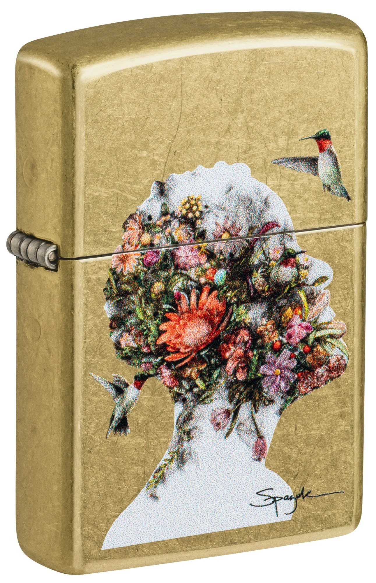 Front shot of Zippo Bejeweled Beetle Design High Polish Brass Windproof Lighter standing at a 3/4 angle.